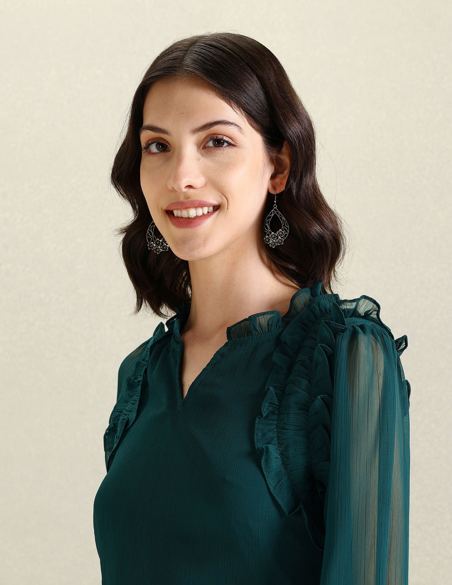 V-Neck Ruffled Neck Top Green - U.S. Polo Assn. India | Large