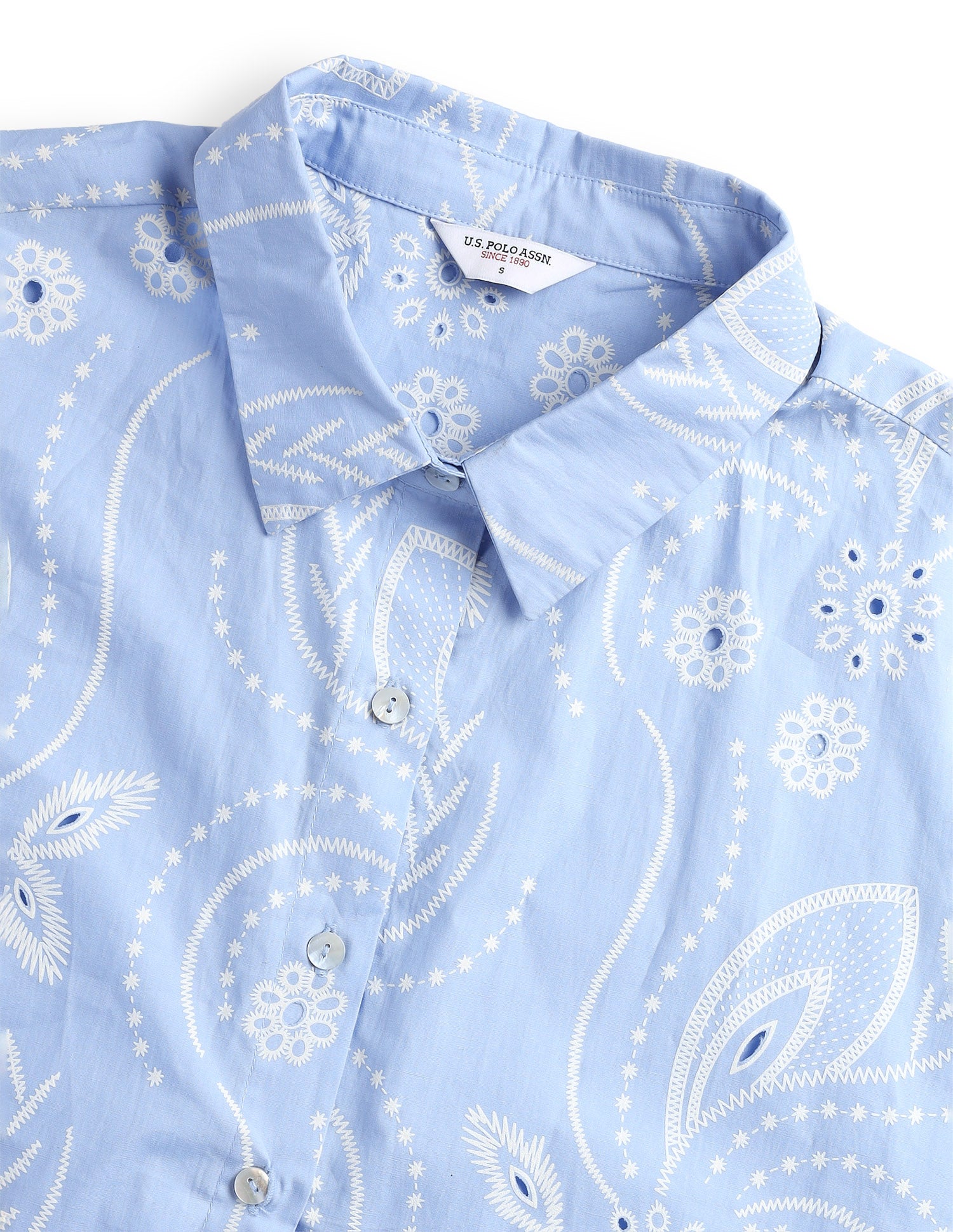 Floral Printed Cut Work Oversized Fit Shirt Light Blue - U.S. Polo Assn. India | Large