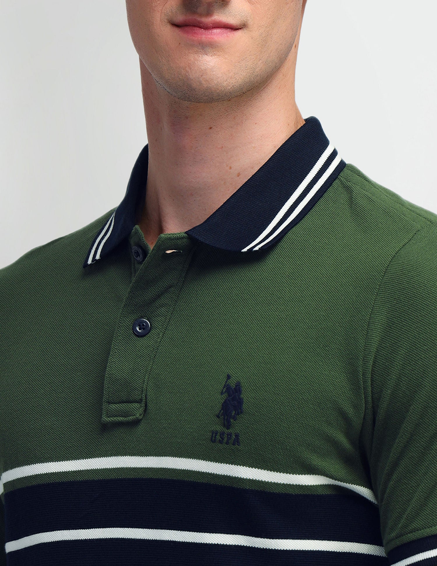 Horizontal Striped Slim Fit Polo Shirt Olive - U.S. Polo Assn. India | Large