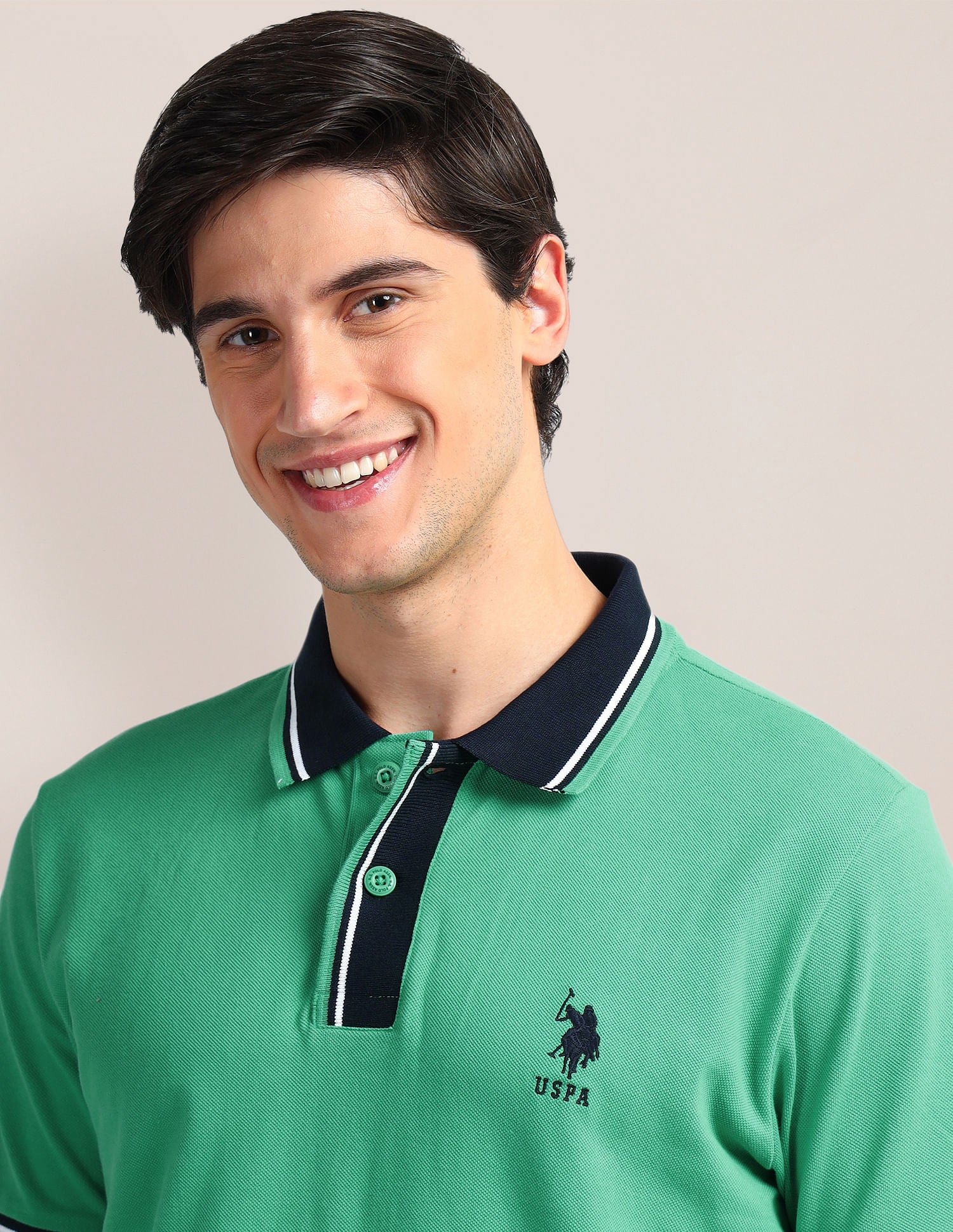 Contrast Collar Slim Polo Shirt Green - U.S. POLO ASSN. | Large