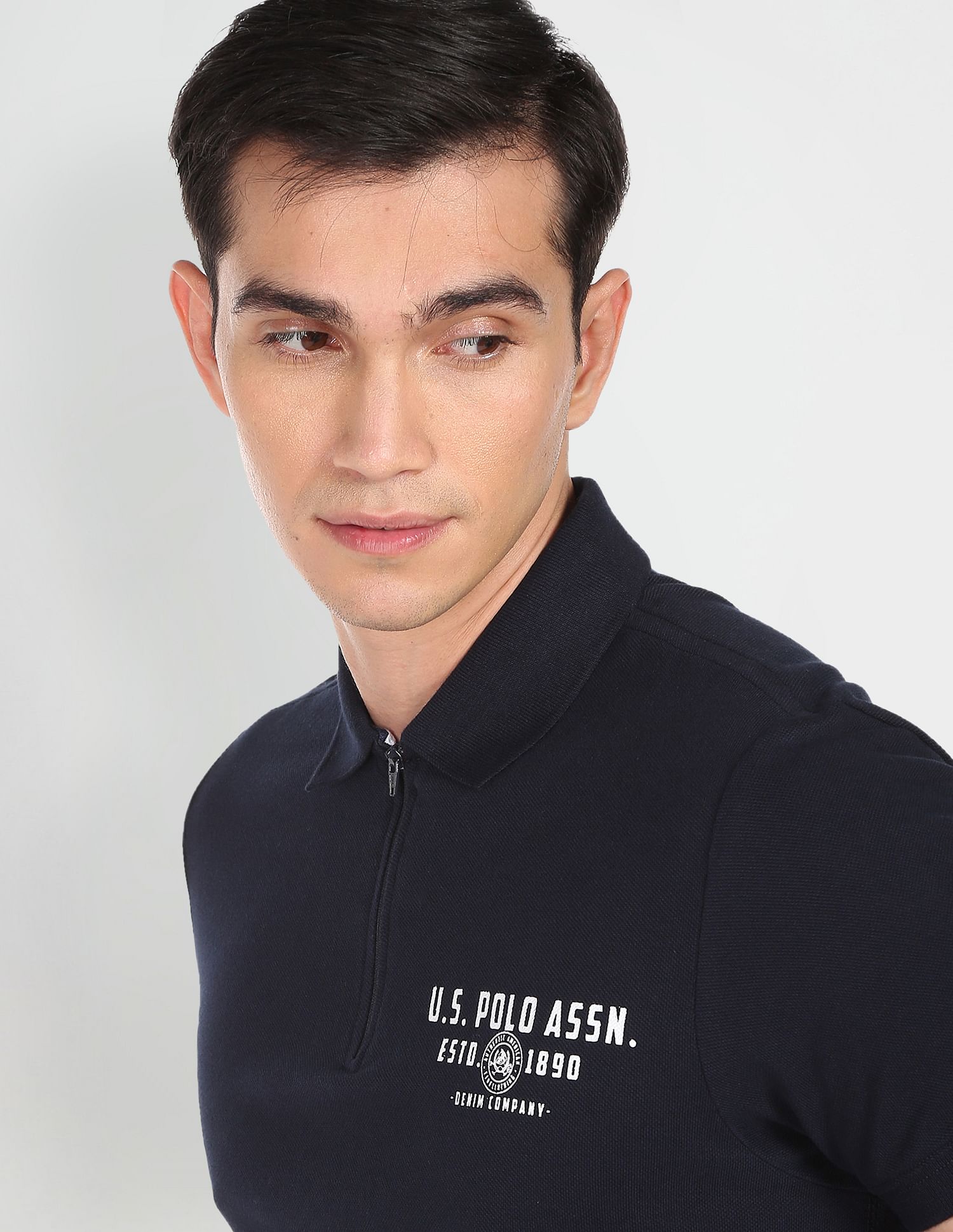 Ribbed Collar Pique Solid Cotton Polo Shirt Navy - U.S. Polo Assn. India | Large