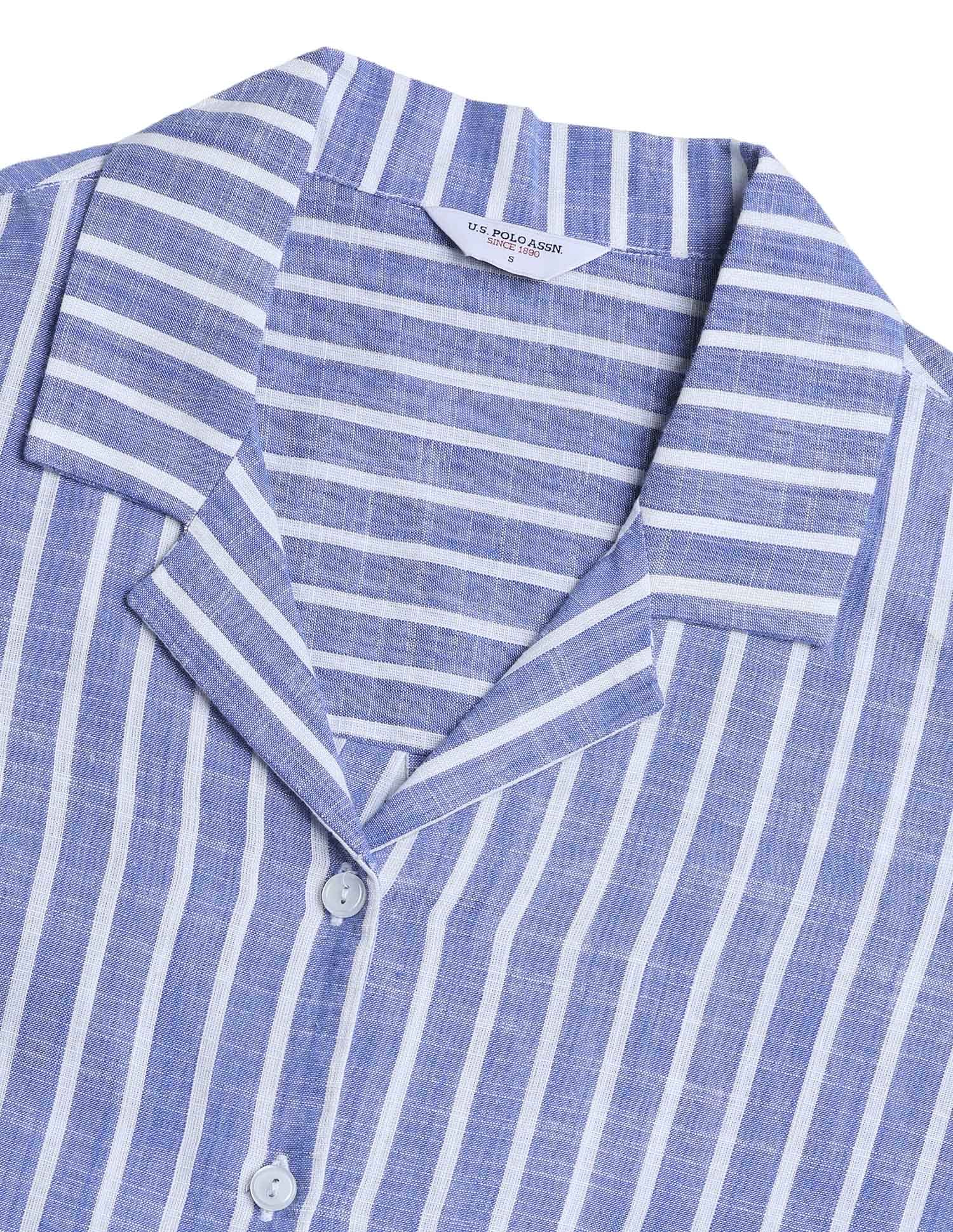 Boxy Cuban Collar Striped Shirt Blue - U.S. Polo Assn. India | Large