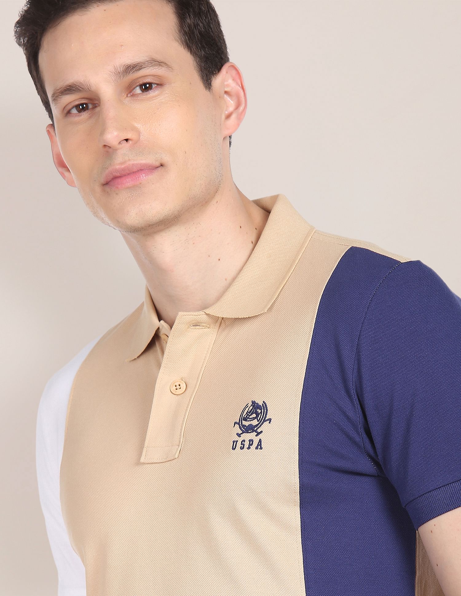Colour Block Cotton Pique Polo Shirt Beige - U.S. POLO ASSN. | Large