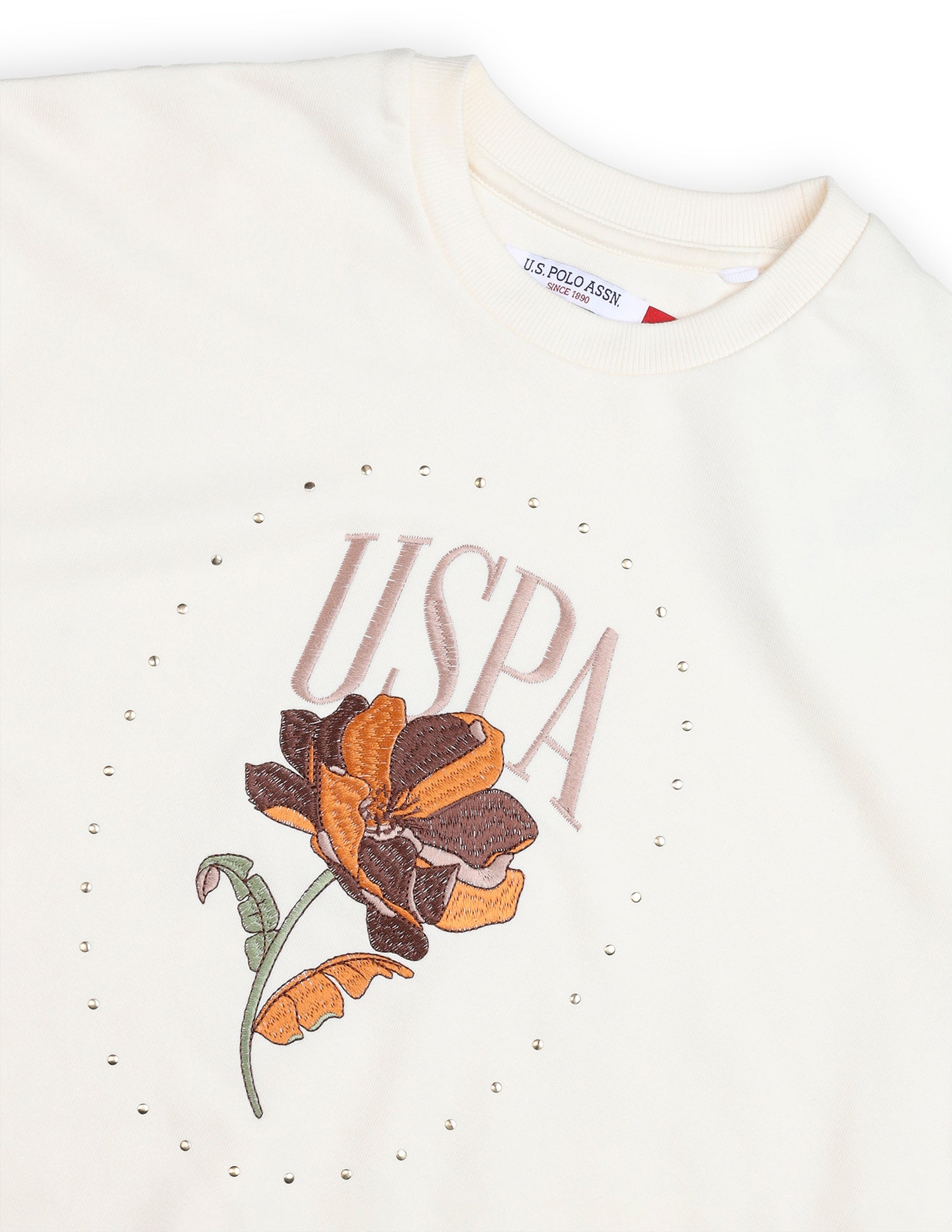 Brand Floral Embroidered Relaxed Fit Sweatshirt Off White - U.S. Polo Assn. India | Large