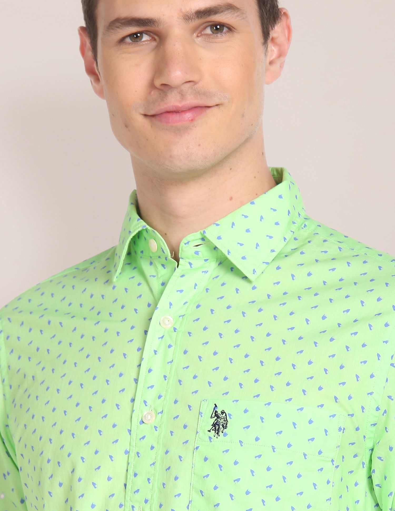 Rounded Cuff Cotton Printed Casual Shirt Green - U.S. Polo Assn. India | Large
