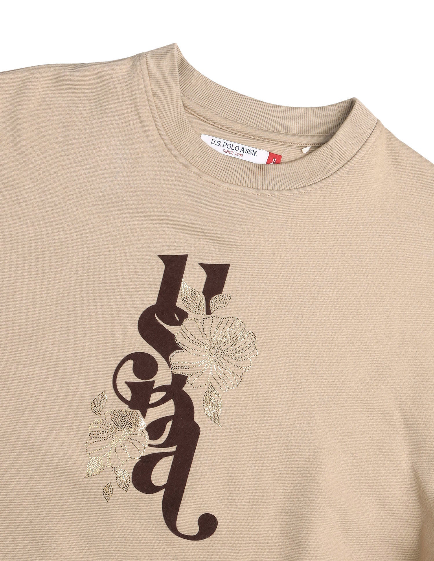 Brand Floral Embellished Oversized Fit Sweatshirt Beige - U.S. Polo Assn. India | Large