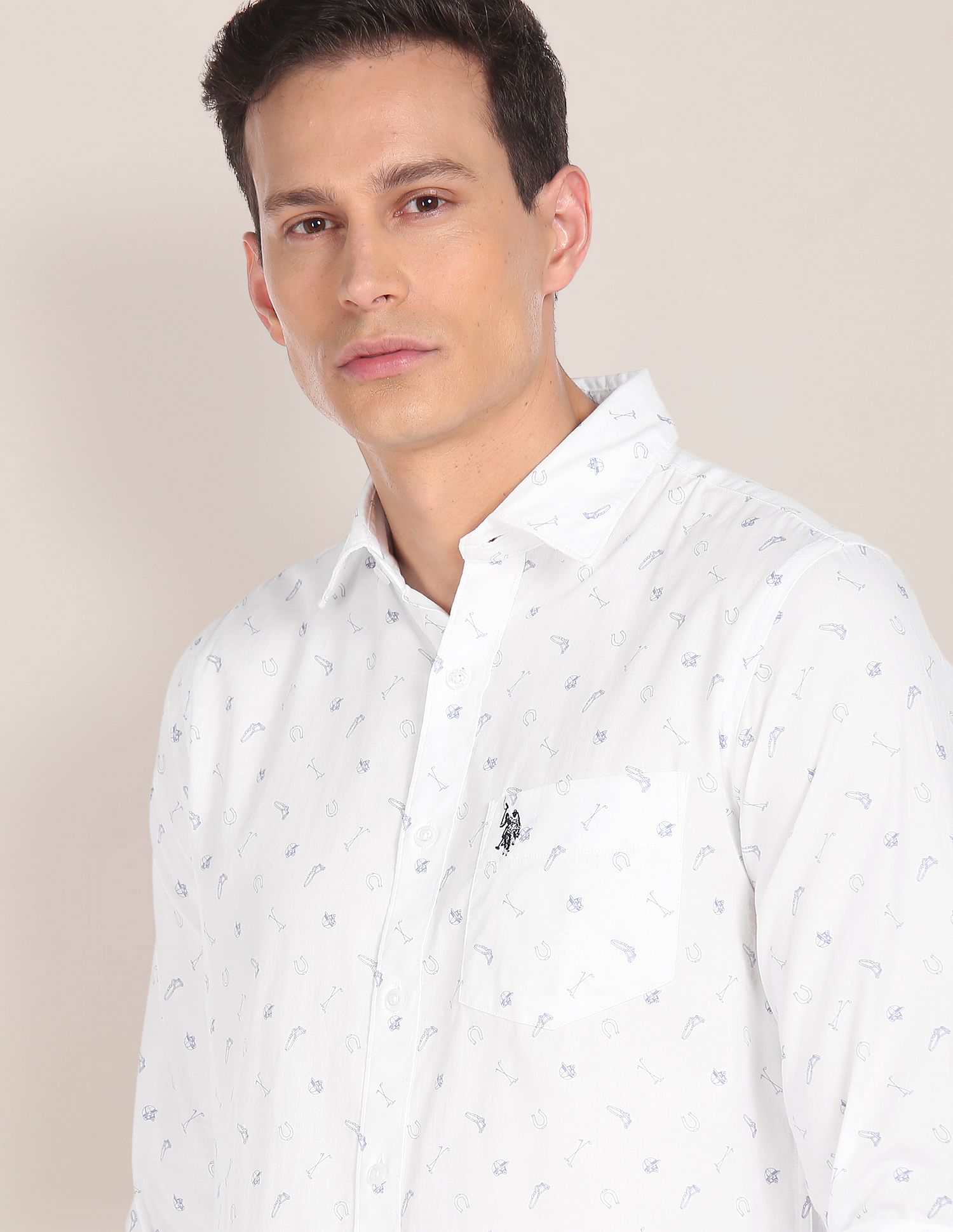 Men White Premium Cotton Printed Casual Shirt White - U.S. Polo Assn. India | Large