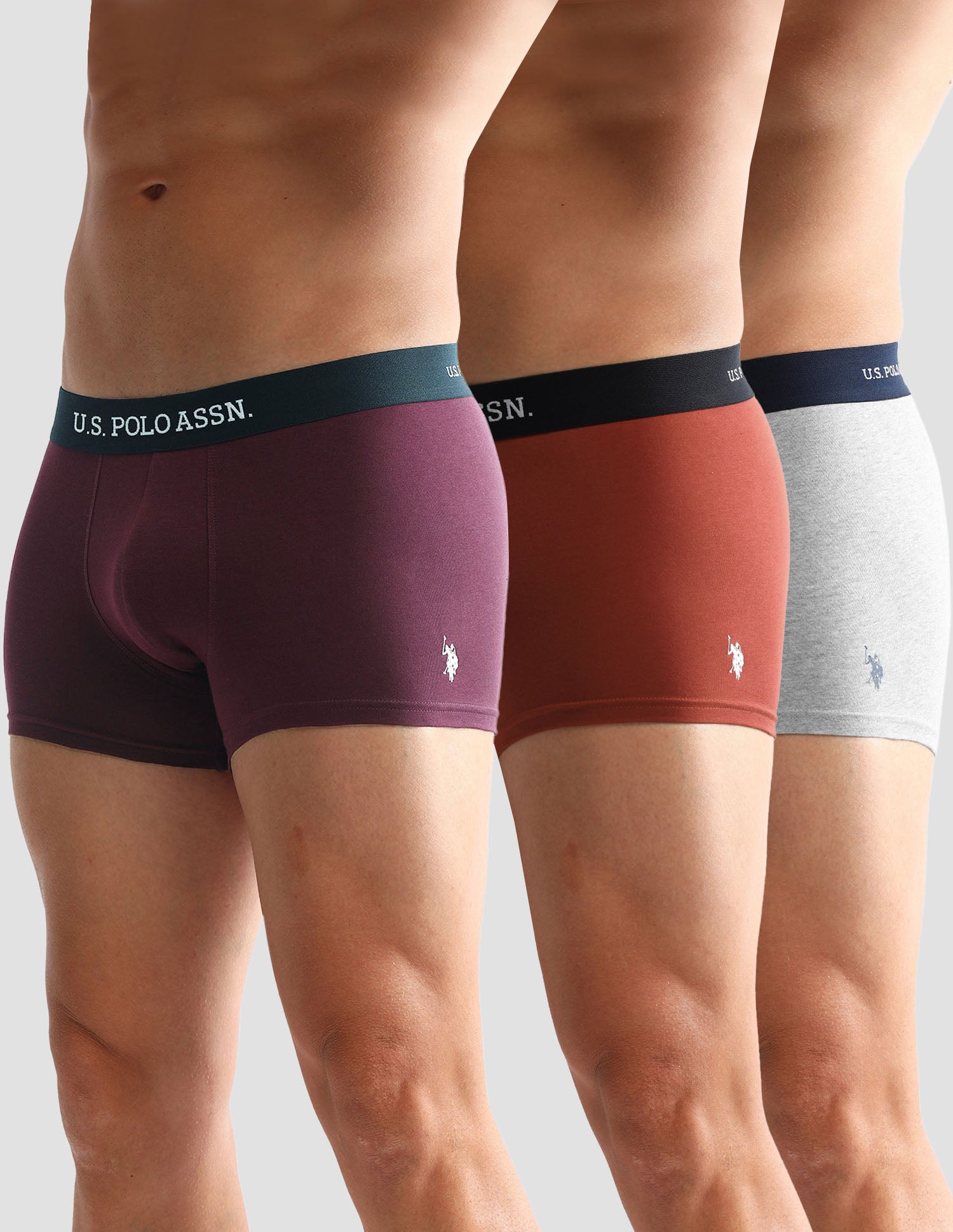Anti Microbial Solid OET13 Trunks - Pack Of 3 Grey Melange, Rust and Burgandy - U.S. POLO ASSN. | Large