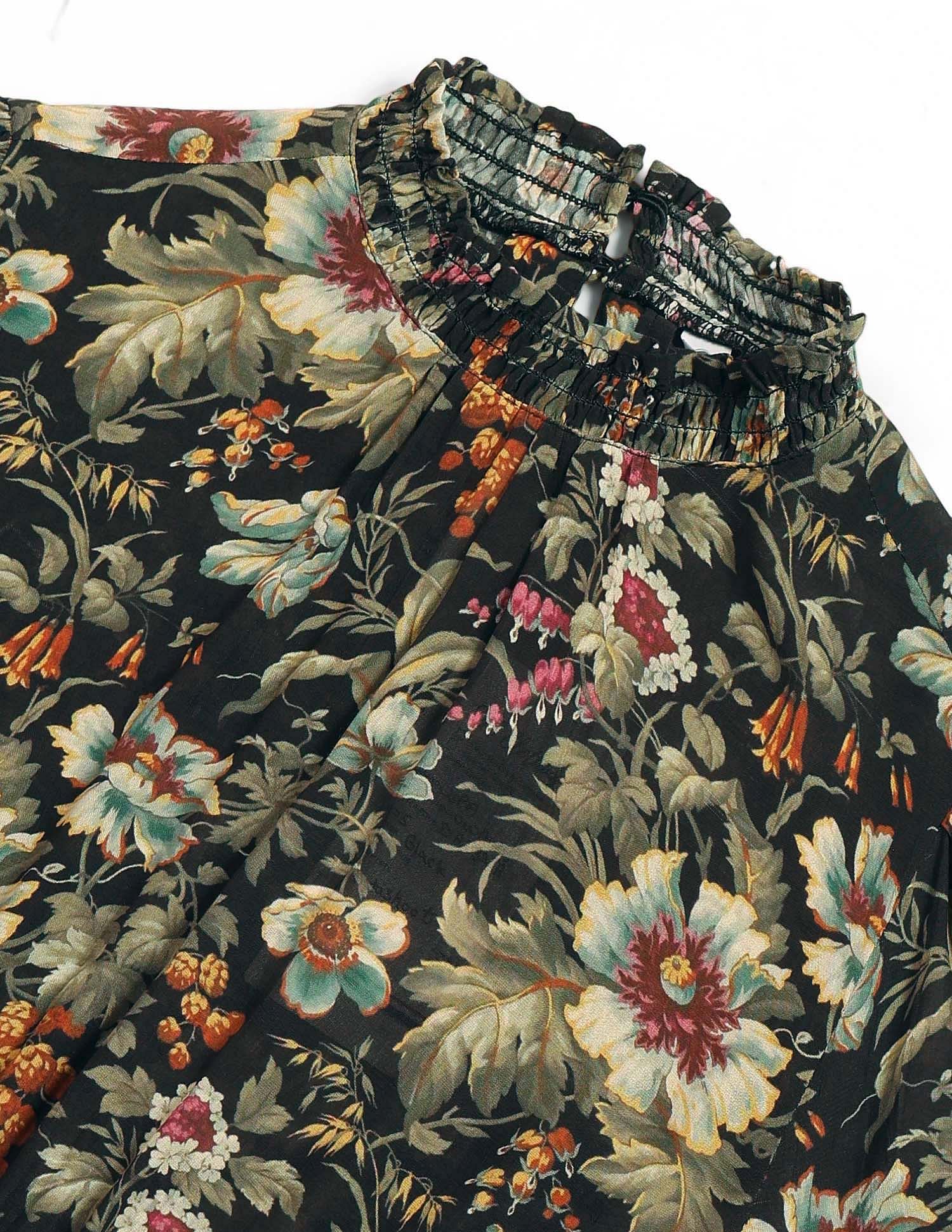 Smocked Floral Printed A-Line Midi Dress Black - U.S. POLO ASSN. | Large