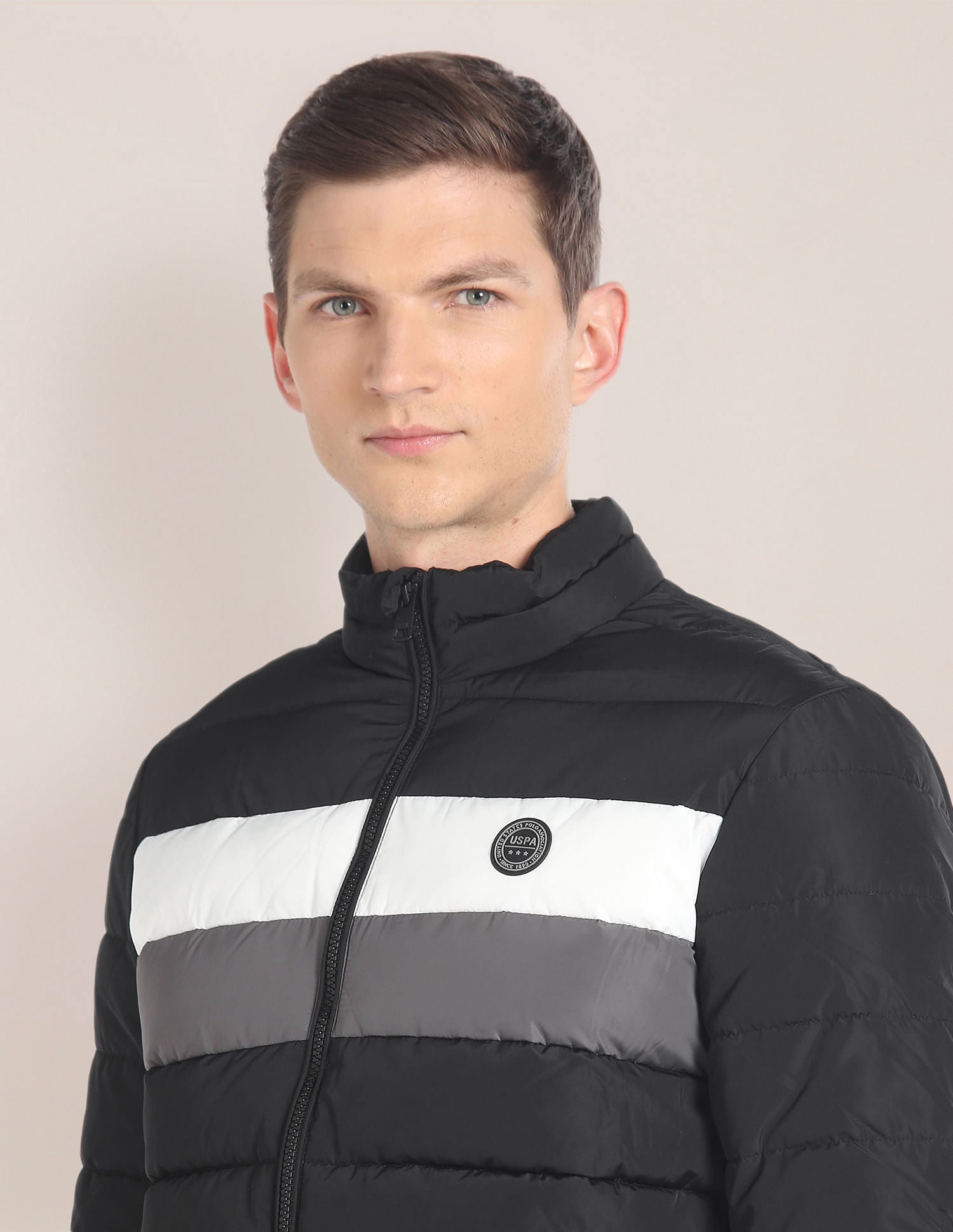 High Neck Striped Puffer Jacket Black - U.S. POLO ASSN. | Large