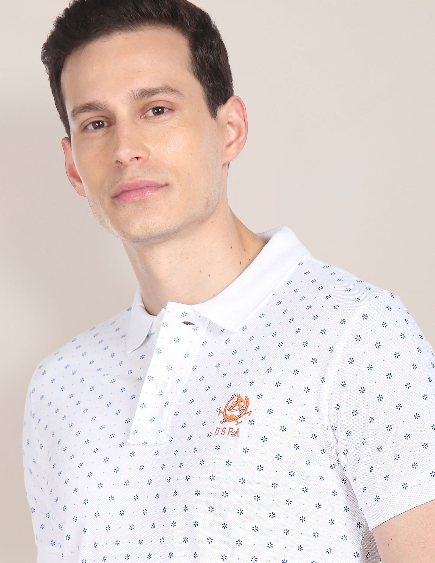 Men White Floral Print Cotton Pique Polo Shirt White - U.S. POLO ASSN. | Large