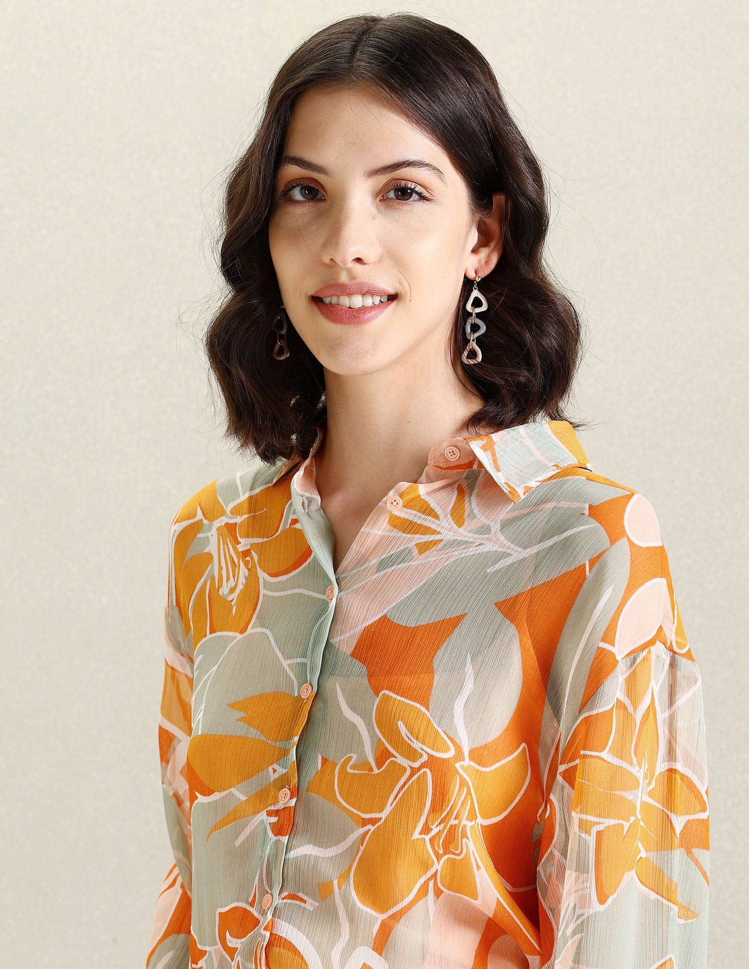 Spread Collar Floral Print Top Orange, Grey and White - U.S. POLO ASSN. | Large