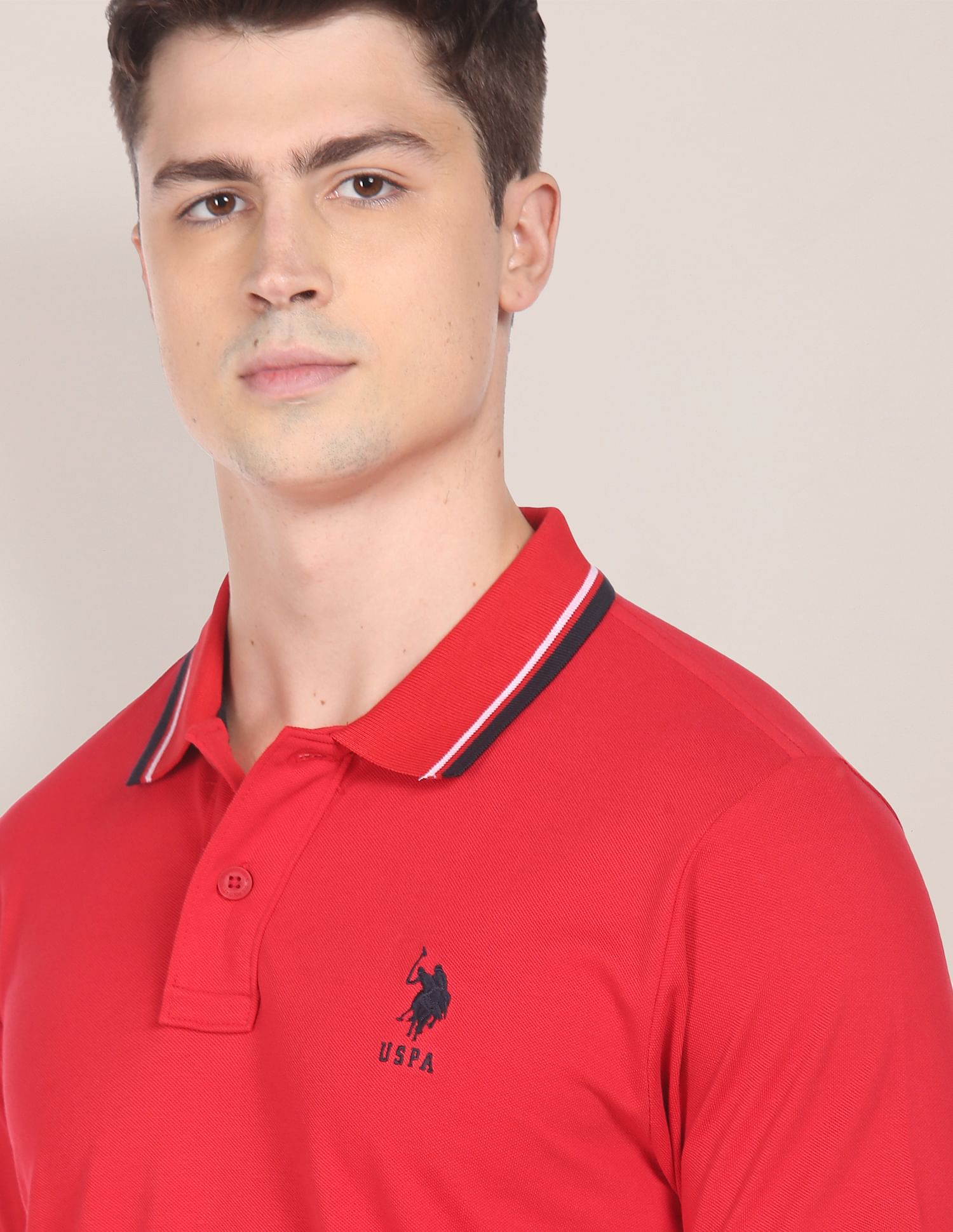 Striped Collar Cotton Polo Shirt Red - U.S. POLO ASSN. | Large