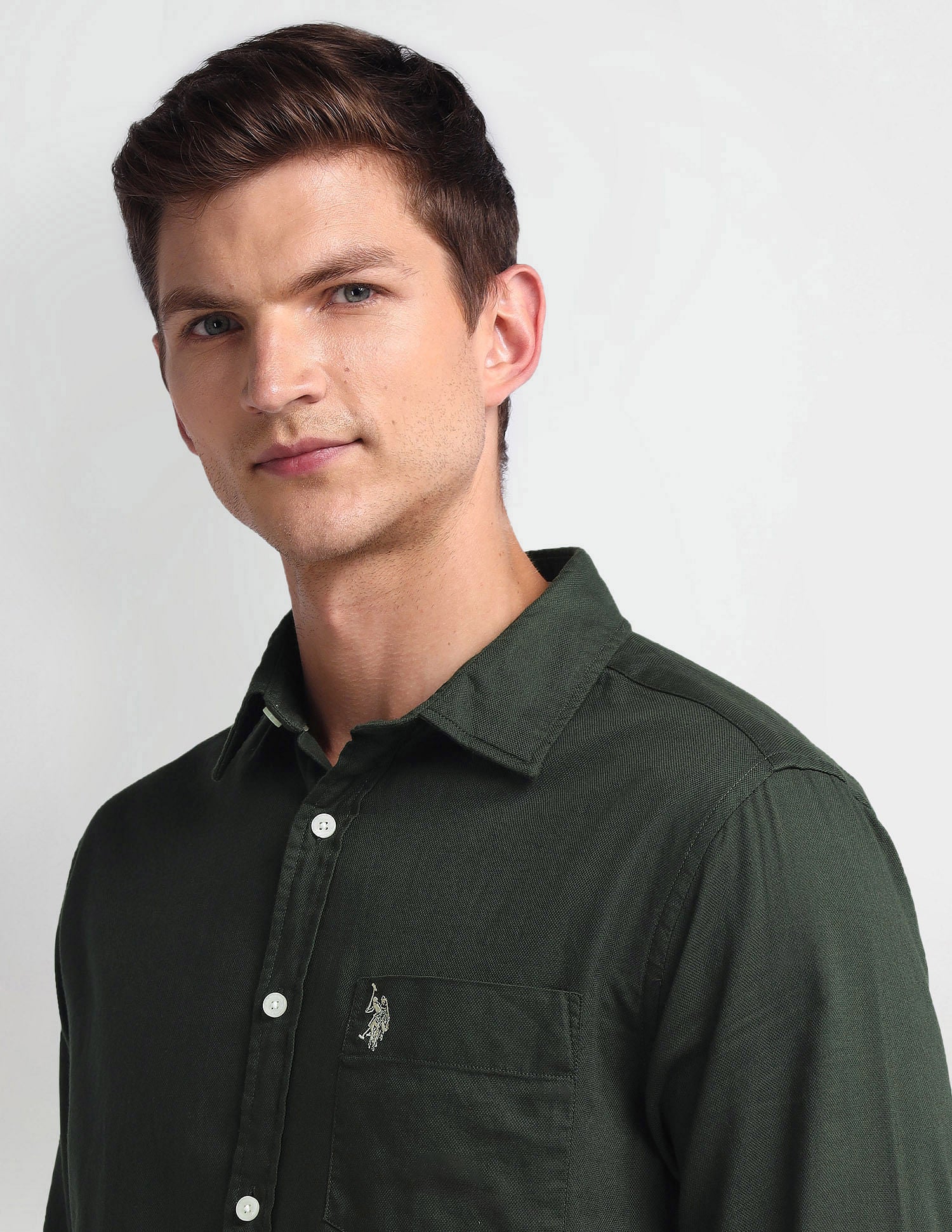 Semi Cutaway Collar Tailored Fit Shirt Olive - U.S. Polo Assn. India | Large