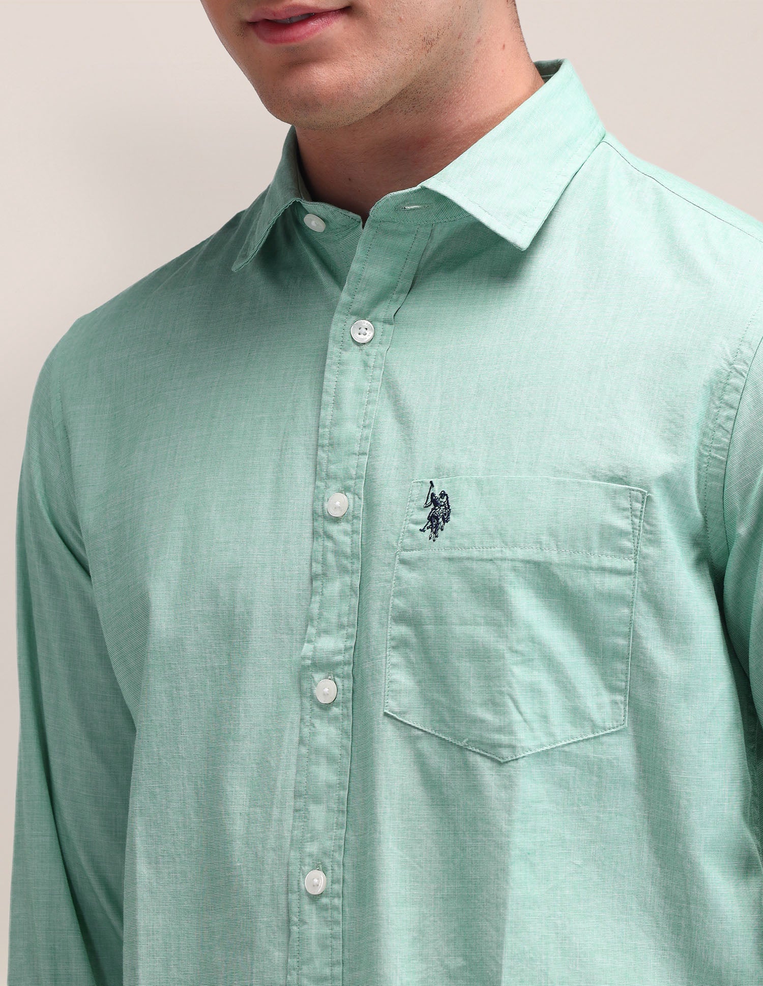 Textured Pattern Poplin Shirt Green - U.S. Polo Assn. India | Large