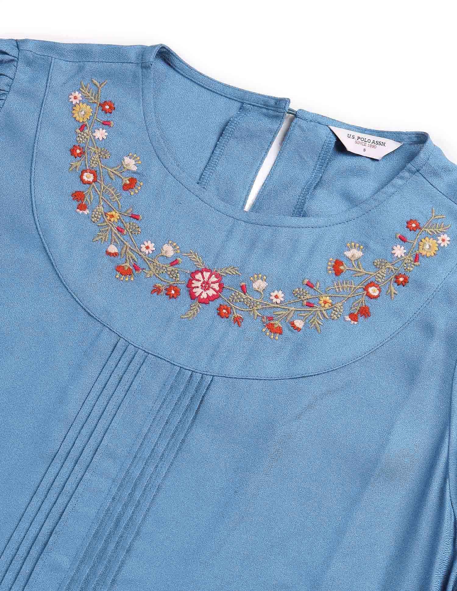 Floral Embroidered Top Blue - U.S. POLO ASSN. | Large