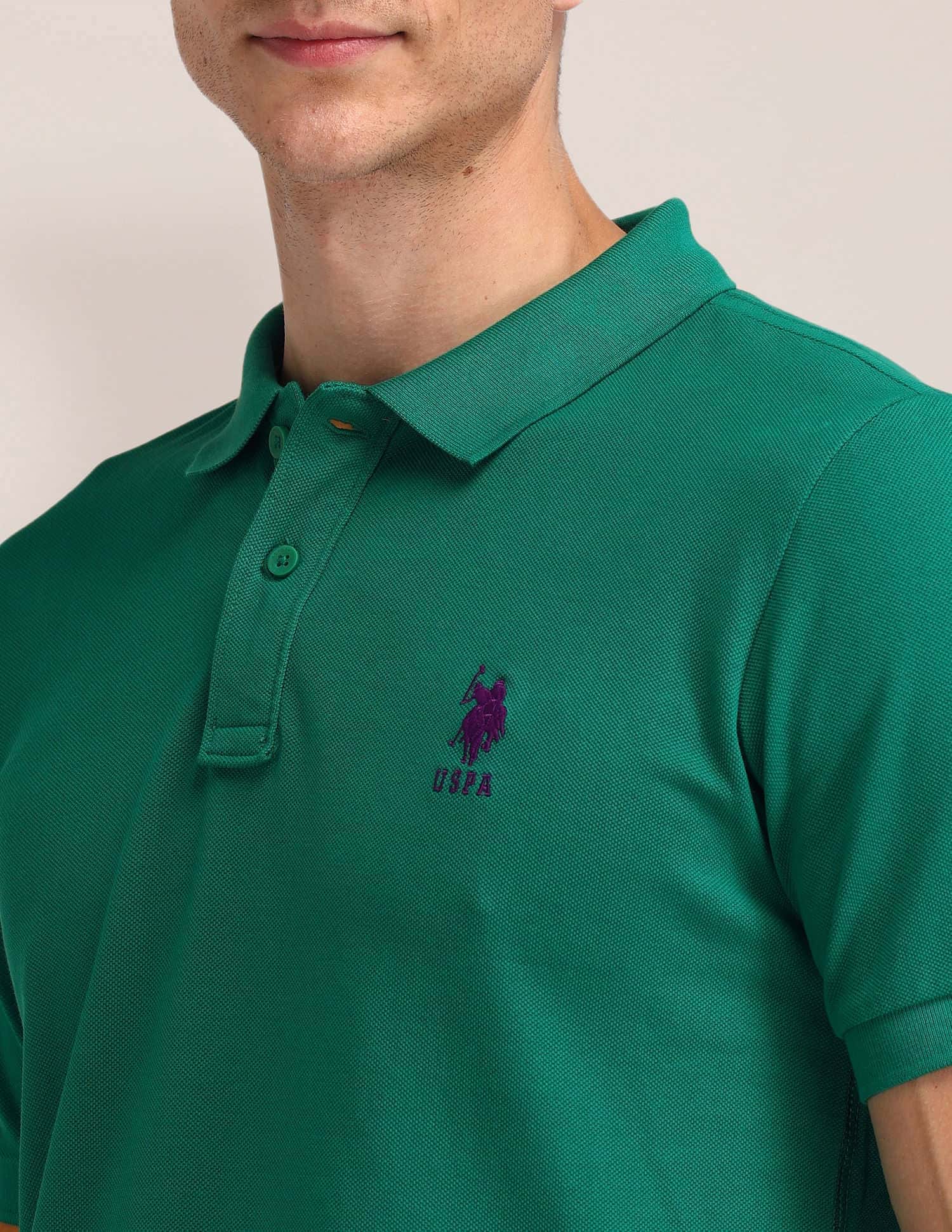 Pure Cotton Solid Slim Fit Polo Shirt Green - U.S. POLO ASSN. | Large