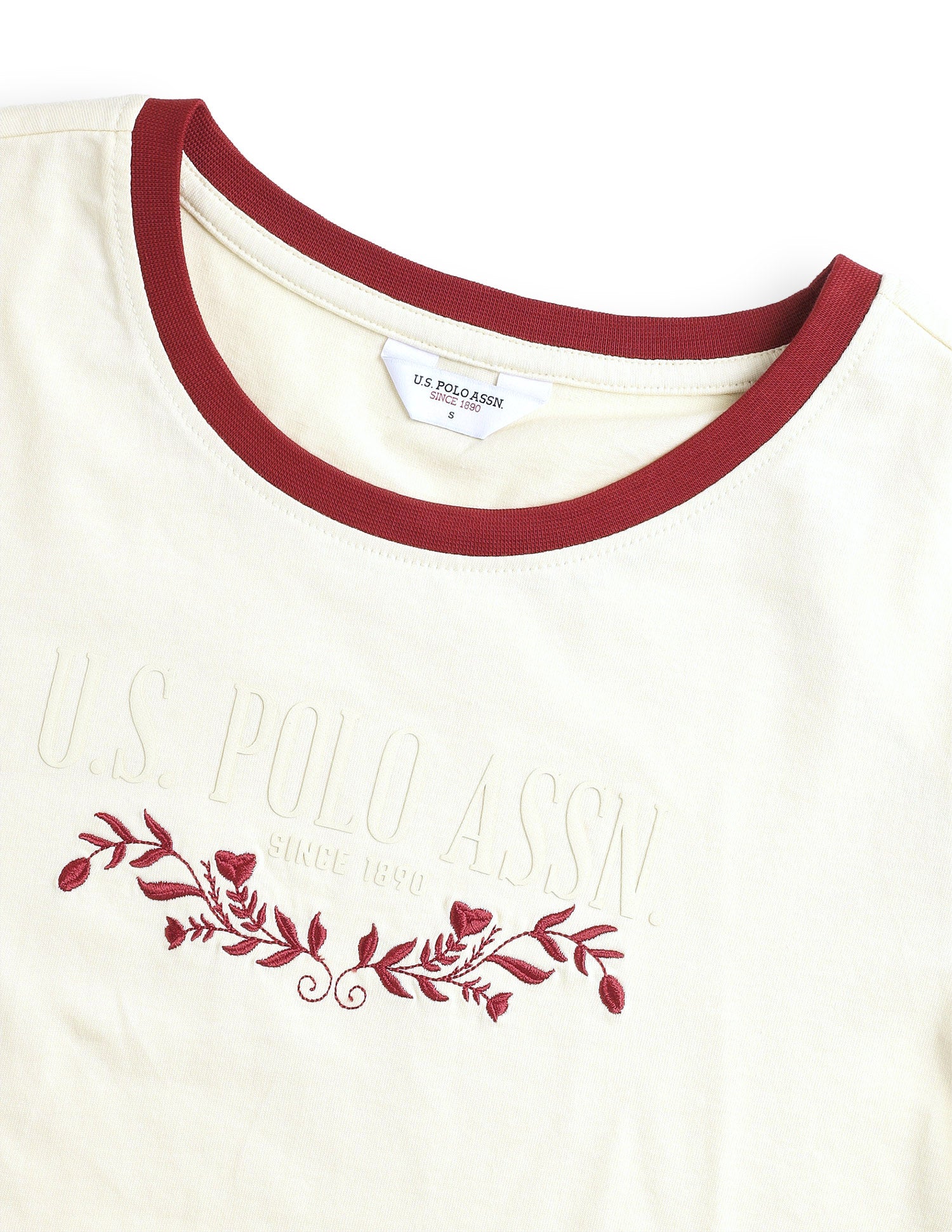 Floral Embroidery Regular Fit Ringer T-Shirt Ecru - U.S. Polo Assn. India | Large