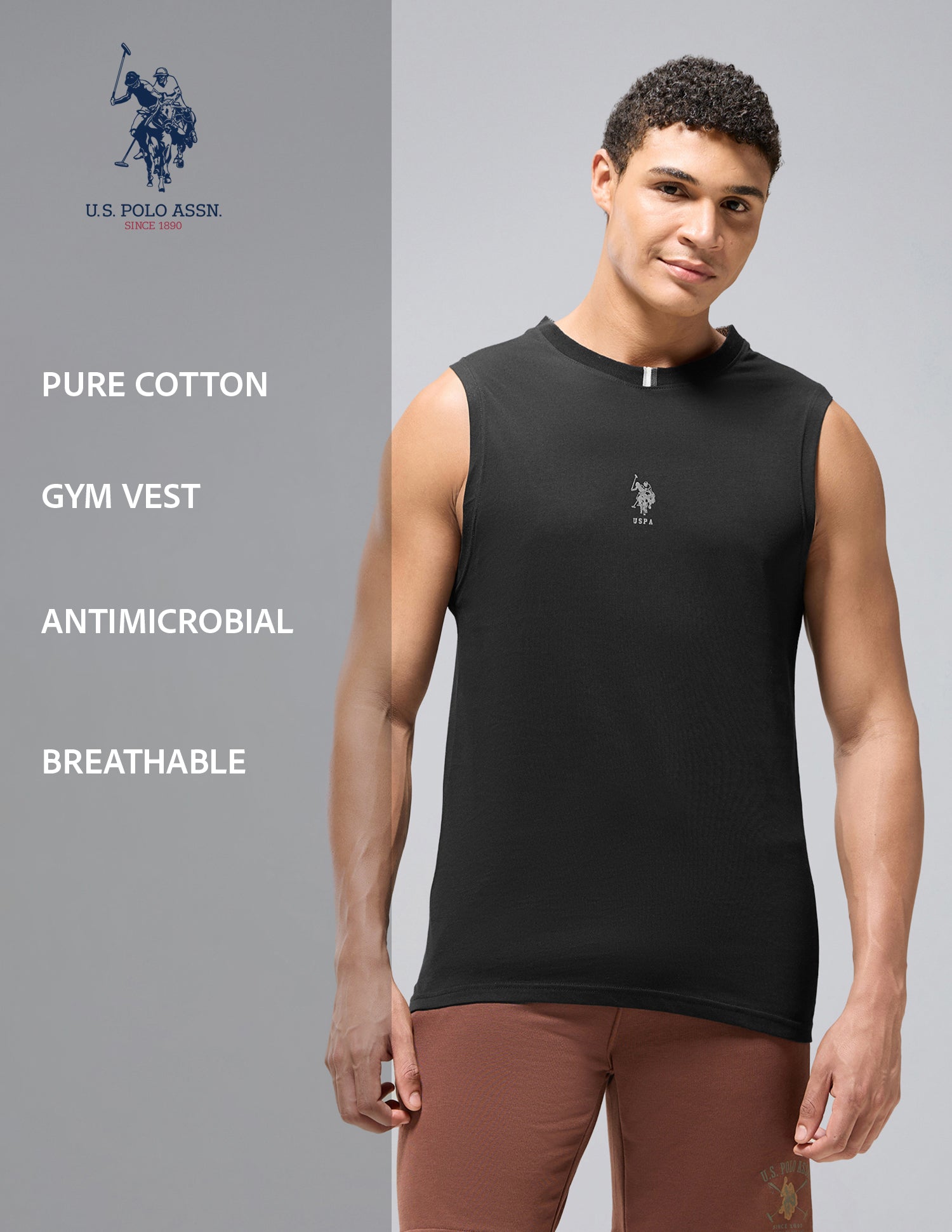 Pure Cotton Breathable OEV12 Gym Vest Black - U.S. Polo Assn. India | Large