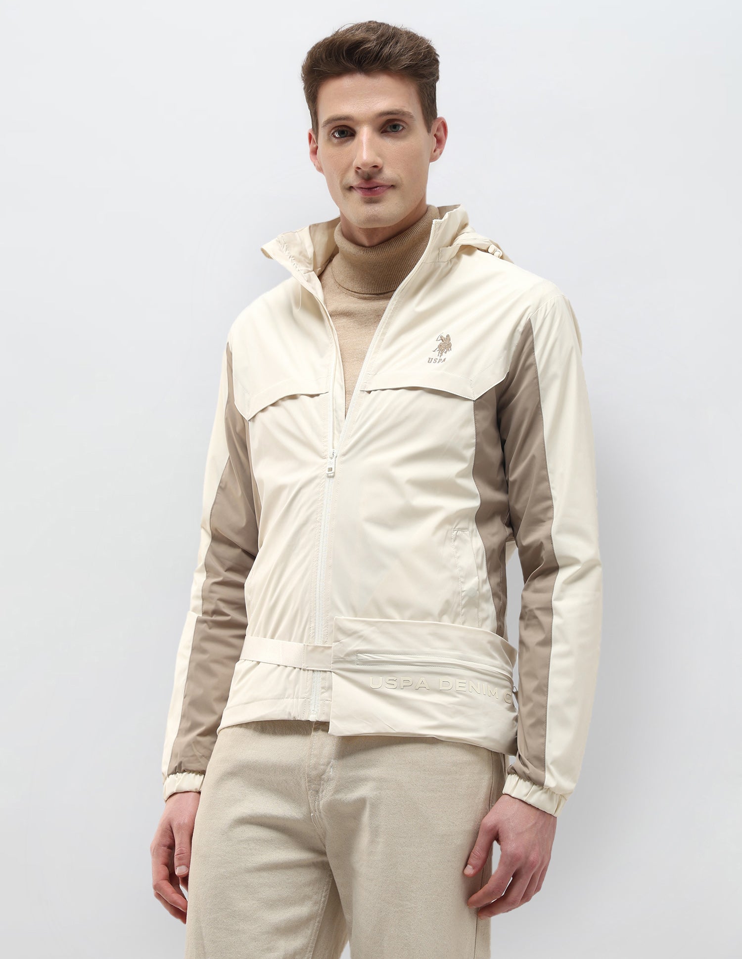 Packable Detachable Hood Colour Blocked Jacket Beige - U.S. Polo Assn. India | Large