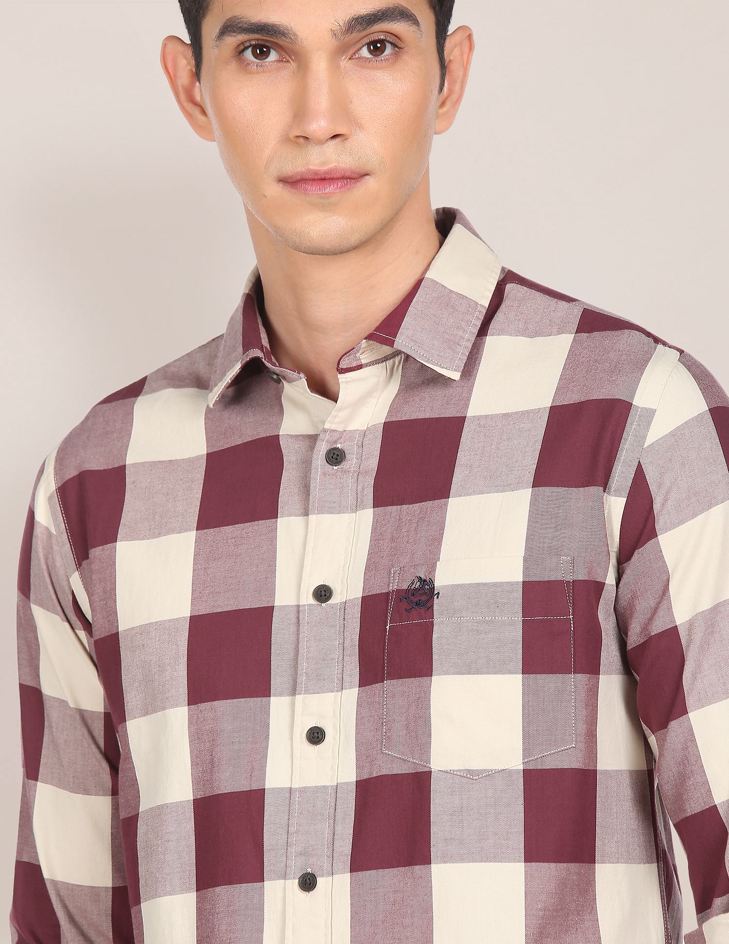 Men Maroon And Beige Spread Collar Check Casual Shirt Maroon and Beige - U.S. POLO ASSN. | Large