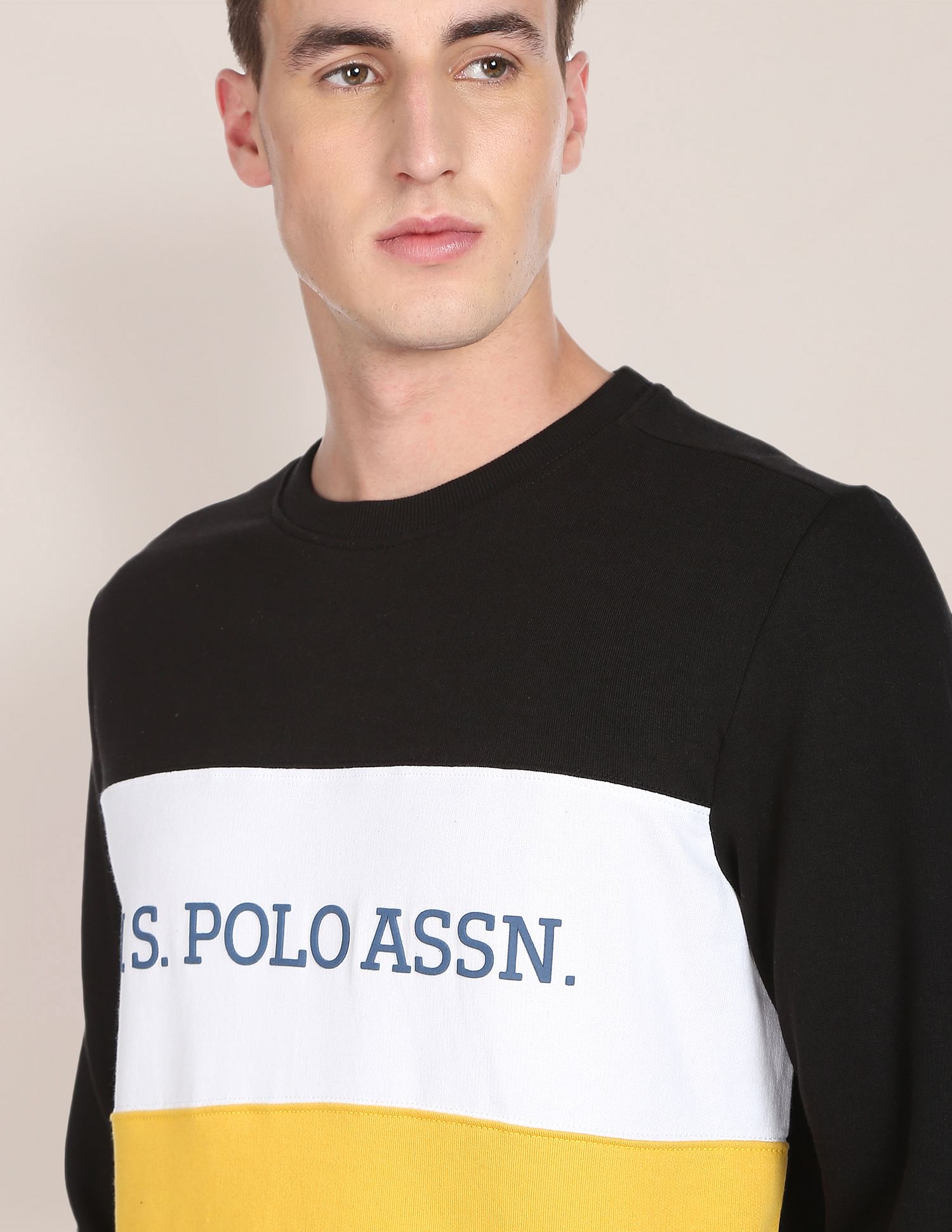 Men Black And Yellow Colour Block Crew Neck Sweatshirt Black and Yellow - U.S. POLO ASSN. | Large