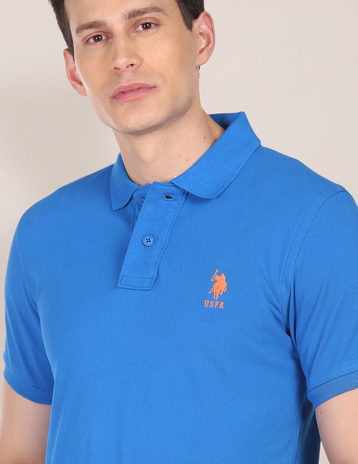 Ribbed Collar Solid Polo Shirt Blue - U.S. Polo Assn. India | Large