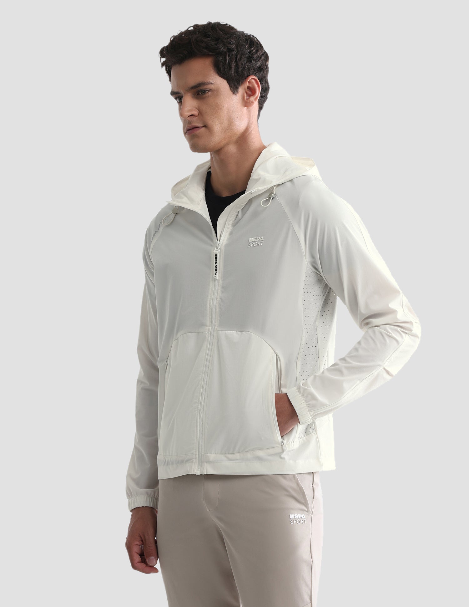 Solid Hooded Active Jacket Off White - U.S. Polo Assn. India | Large
