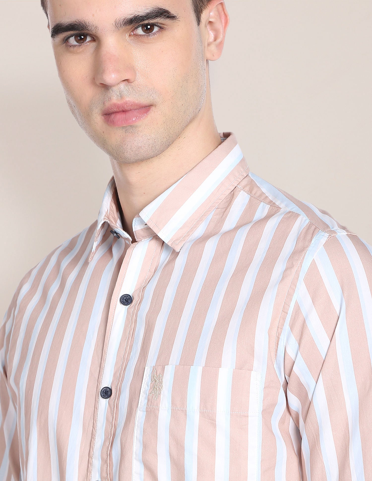 Men Beige Vertical Stripe Cotton Casual Shirt Beige - U.S. POLO ASSN. | Large