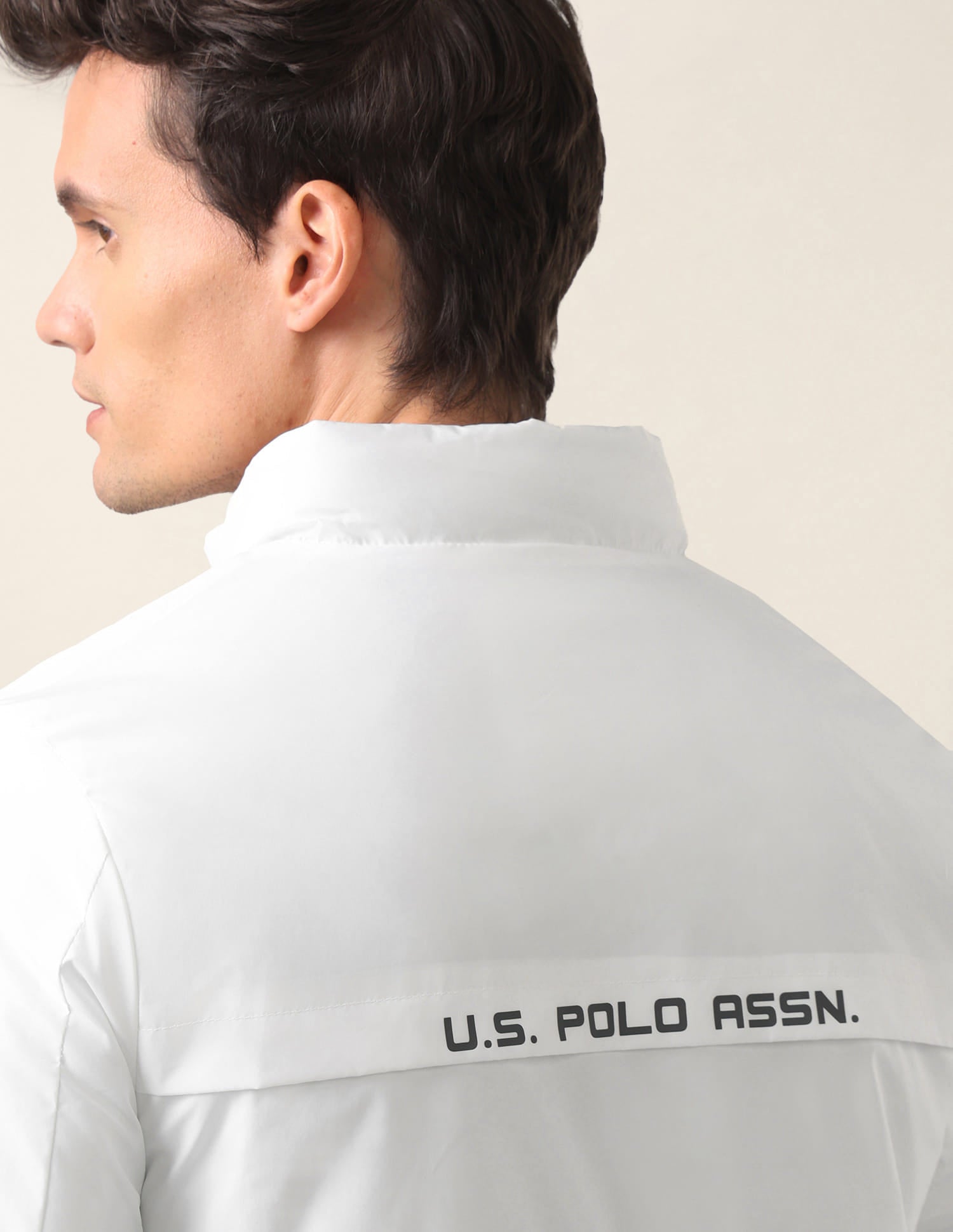 High Neck Brand Print Polyester Casual Jacket White - U.S. Polo Assn. India | Large