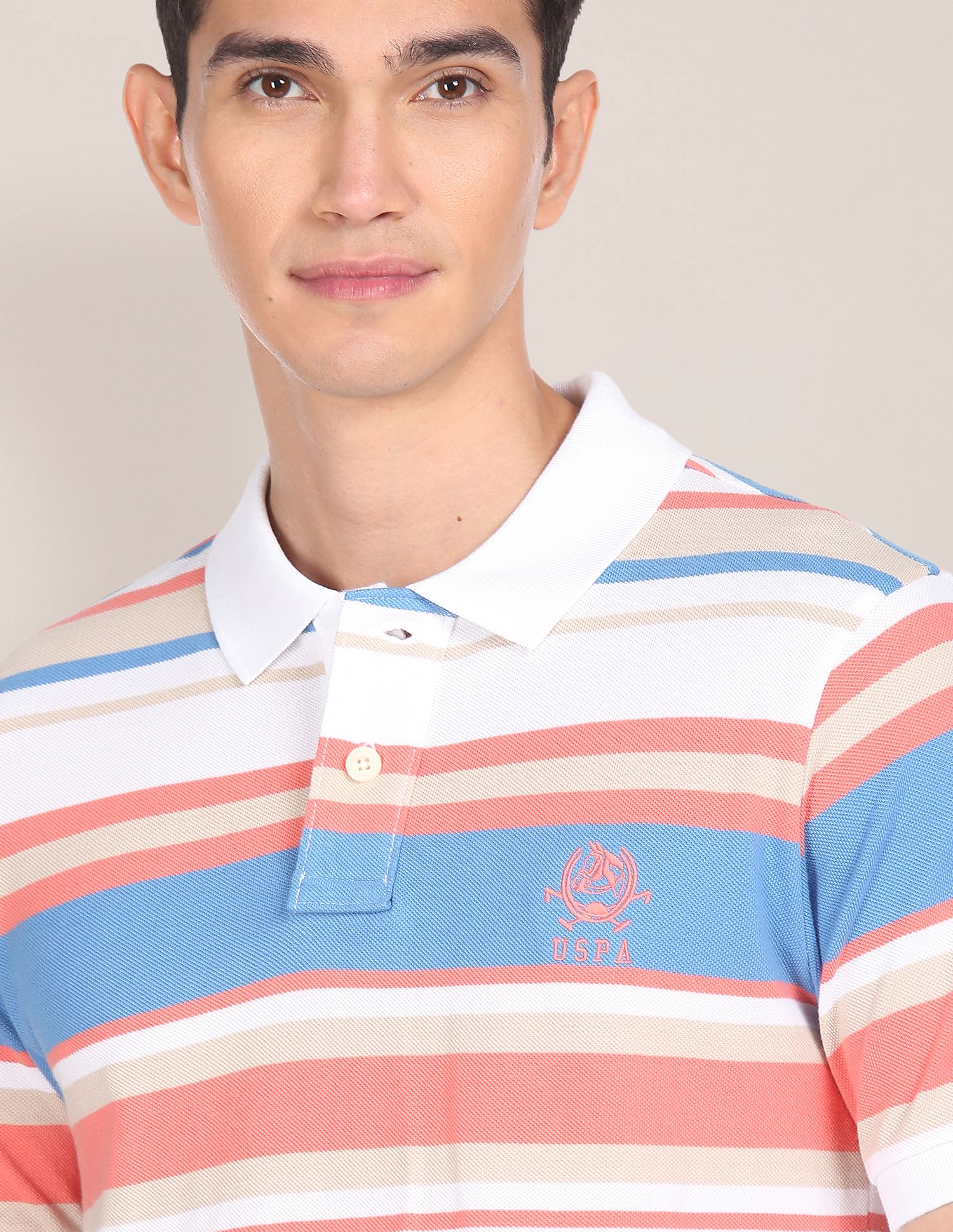 Men White Cotton Striped Logo Polo Shirt White - U.S. Polo Assn. India | Large