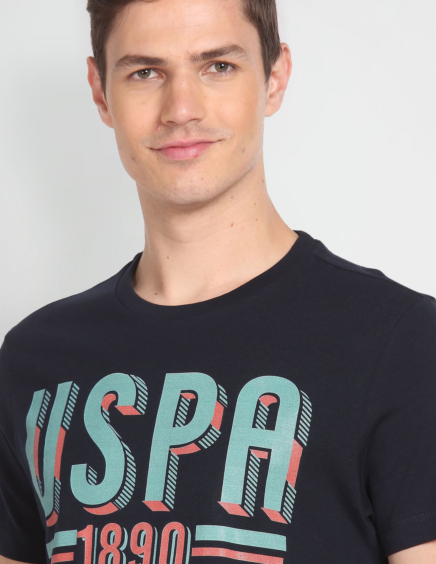 Men Navy Cotton Brand Print T-Shirt Navy - U.S. Polo Assn. India | Large