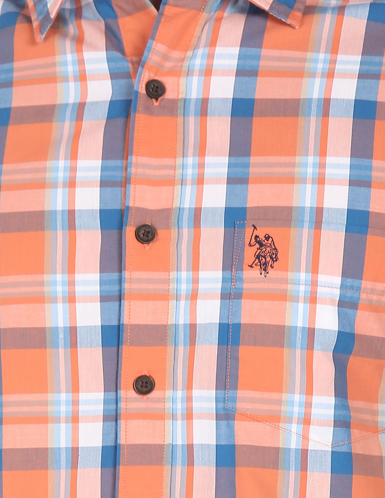 Men Orange Spread Collar Check Casual Shirt Orange - U.S. POLO ASSN. | Large