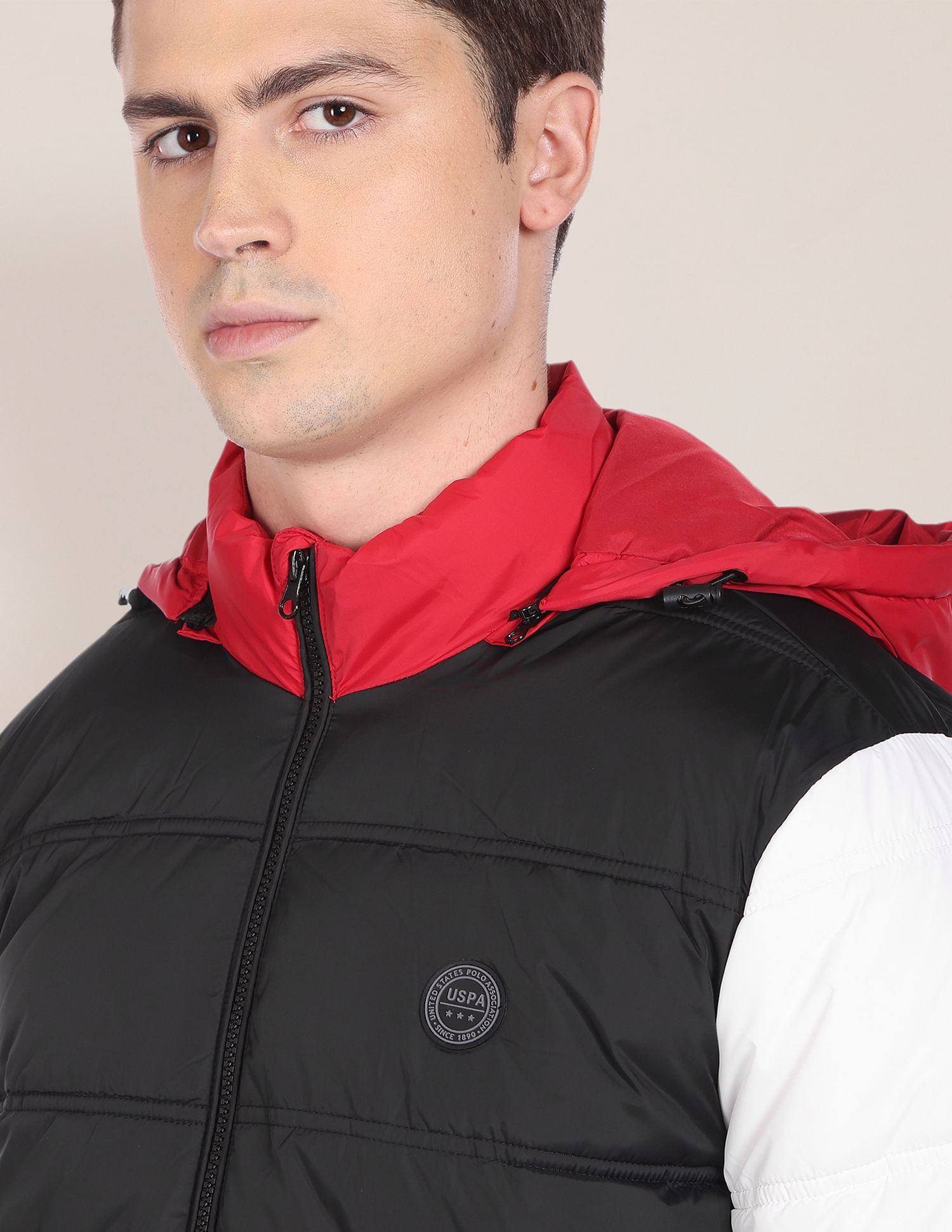 Men Black And White High Neck Colour Block Puffer Jacket Black and White - U.S. POLO ASSN. | Large