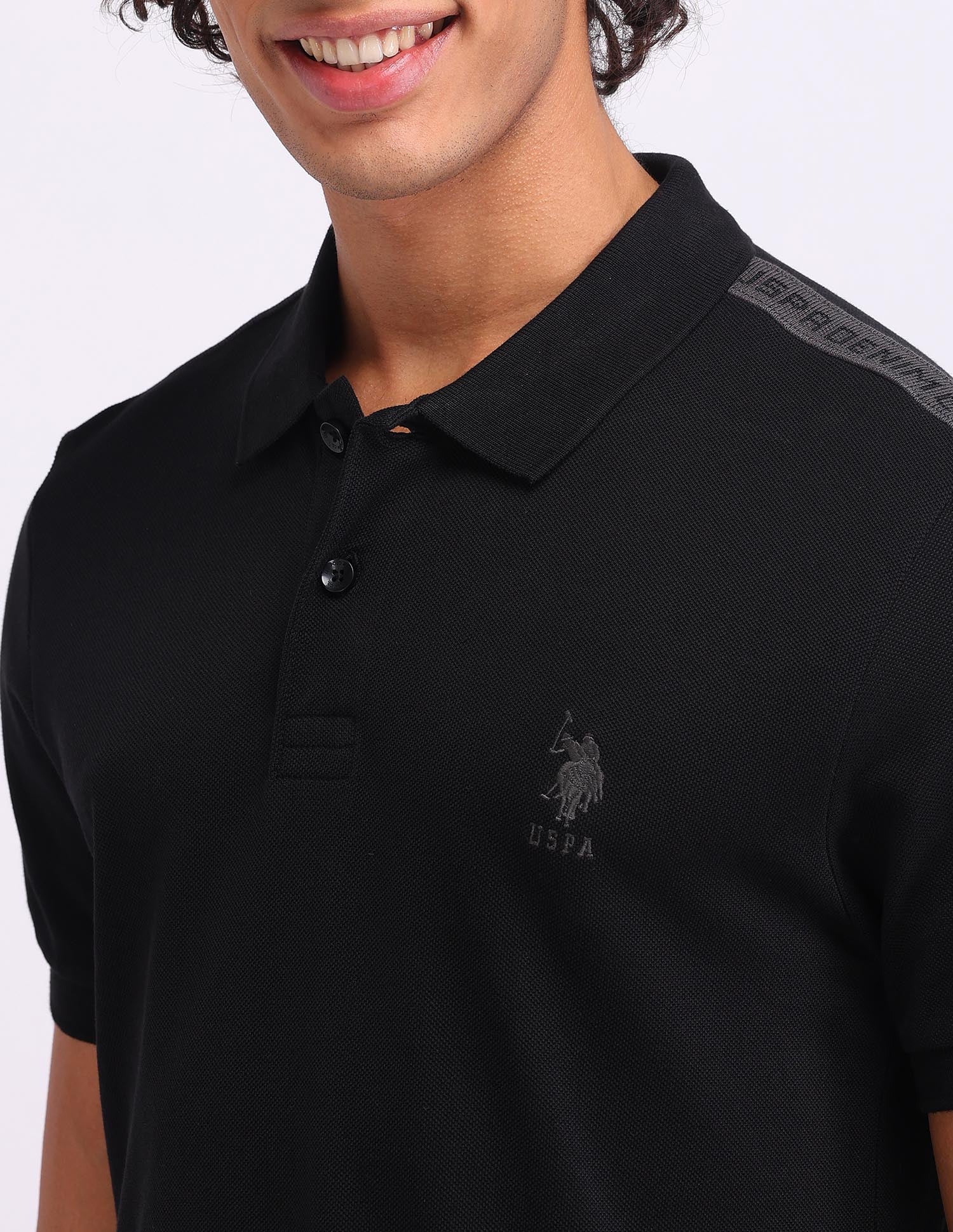Solid Cotton Muscle Fit Polo Shirt Black - U.S. Polo Assn. India | Large