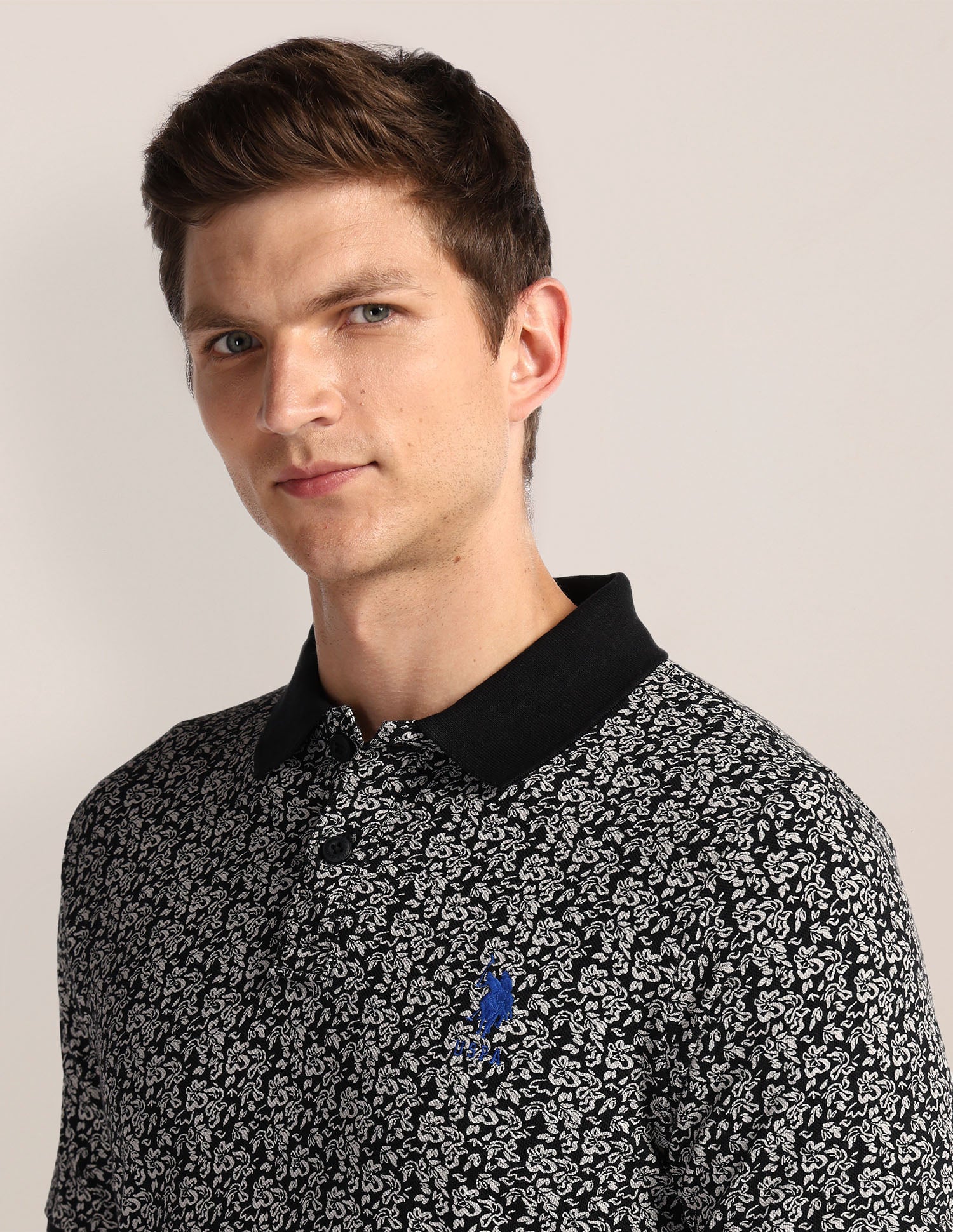 Floral Print Slim Fit Polo Shirt Black - U.S. Polo Assn. India | Large
