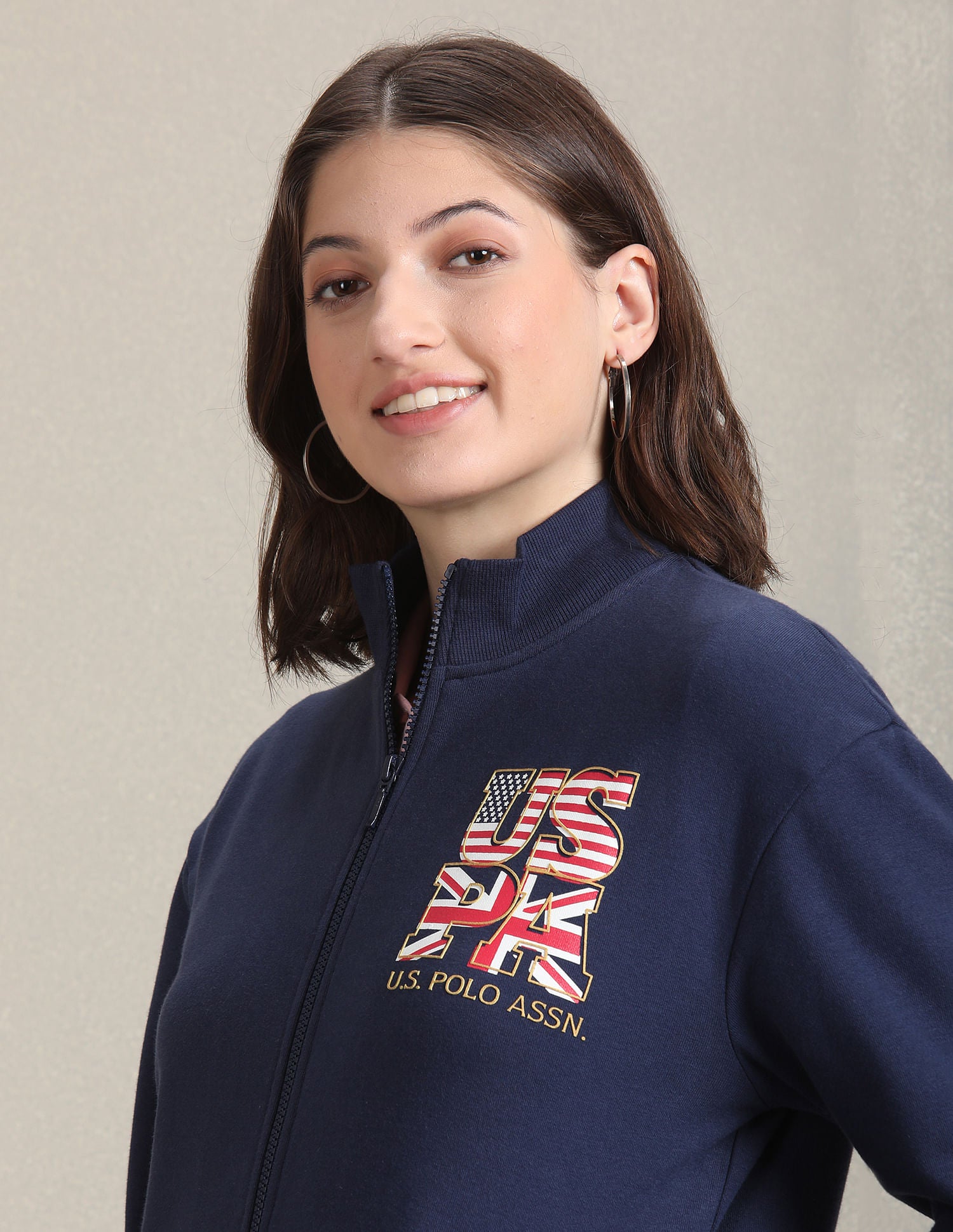 Stand Neck Logo Print Jacket Navy - U.S. Polo Assn. India | Large