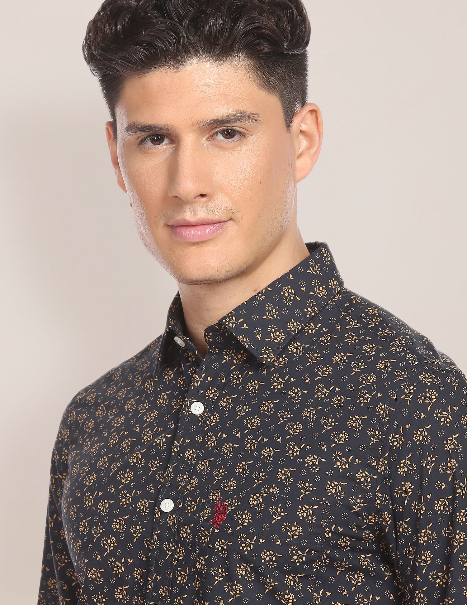 Floral Cotton Shirt Navy and Ochre - U.S. Polo Assn. India | Large