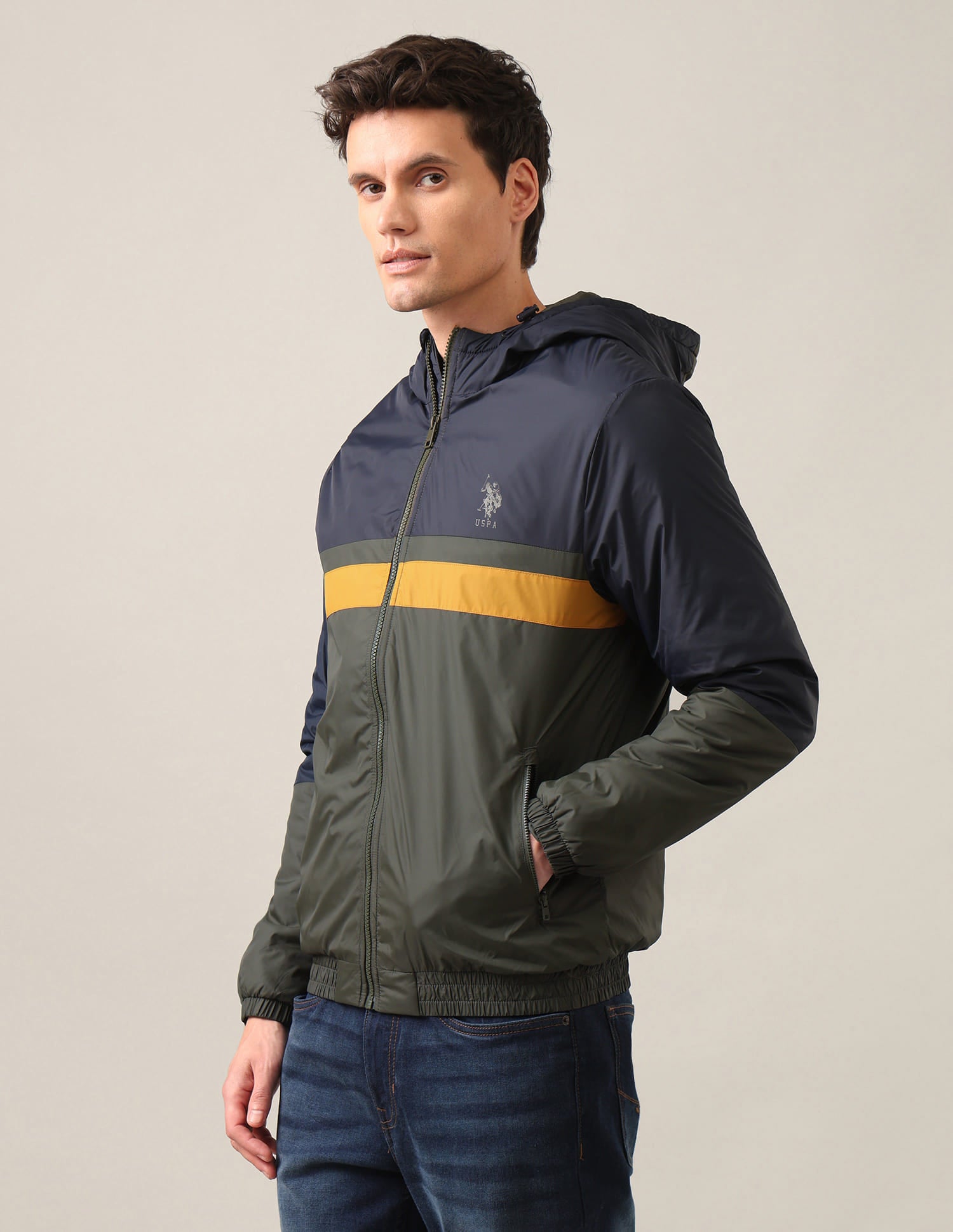 Colour Block Hooded Jacket Olive - U.S. Polo Assn. India | Large