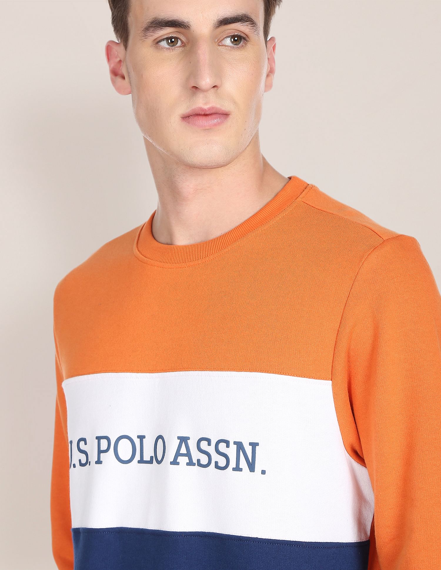 Colour Block Crew Neck Sweatshirt Orange and Navy - U.S. POLO ASSN. | Large