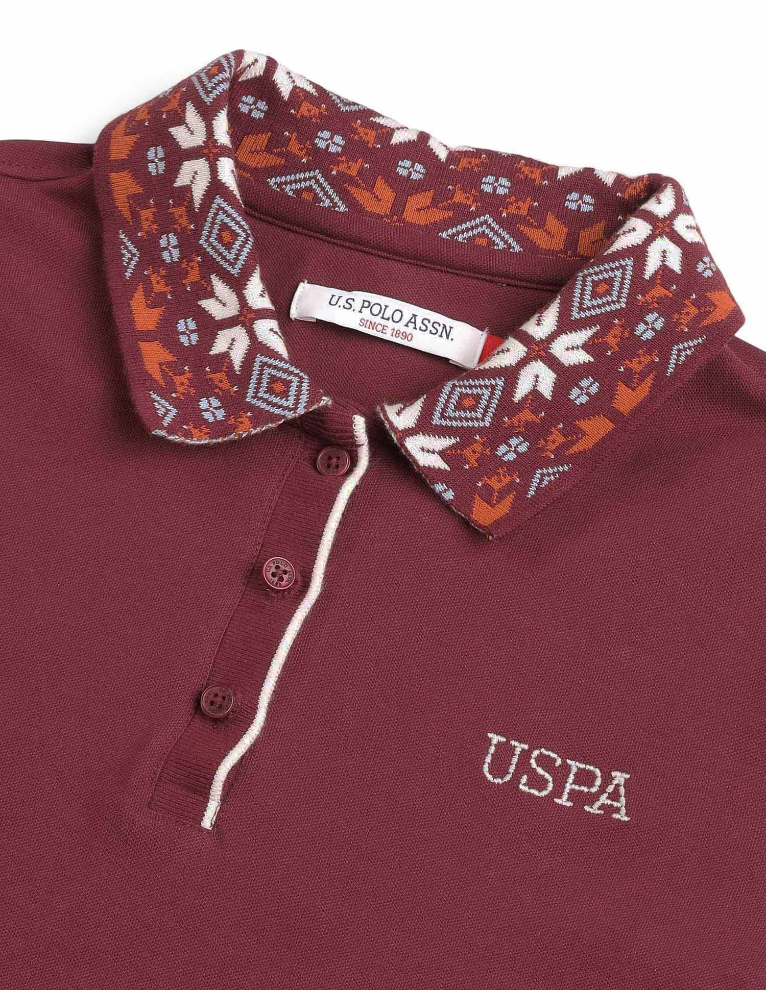 Jacquard Collar Solid Polo Shirt Maroon - U.S. POLO ASSN. | Large