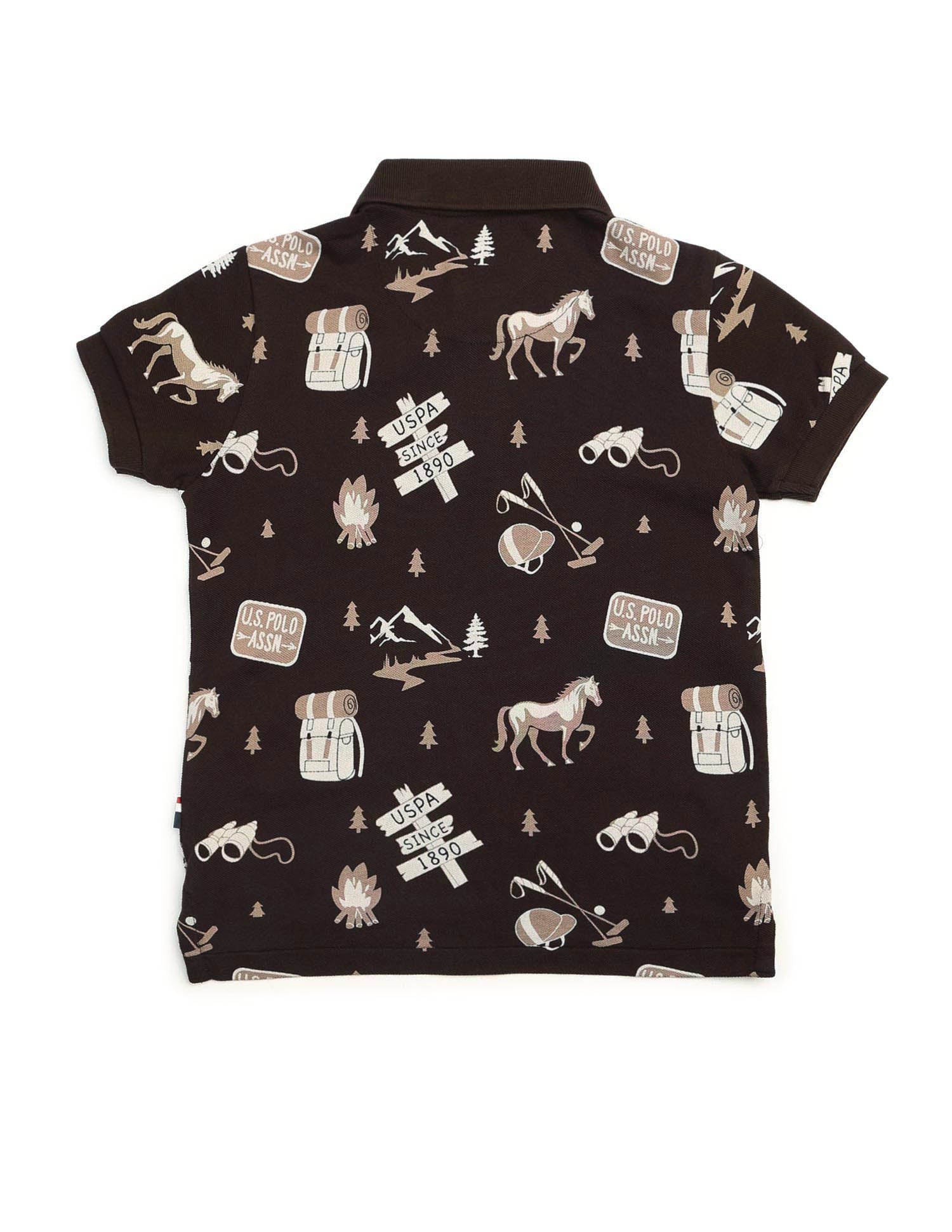 Boys All Over Printed Pure Cotton Polo Shirt Dark Brown - U.S. POLO ASSN. | Large