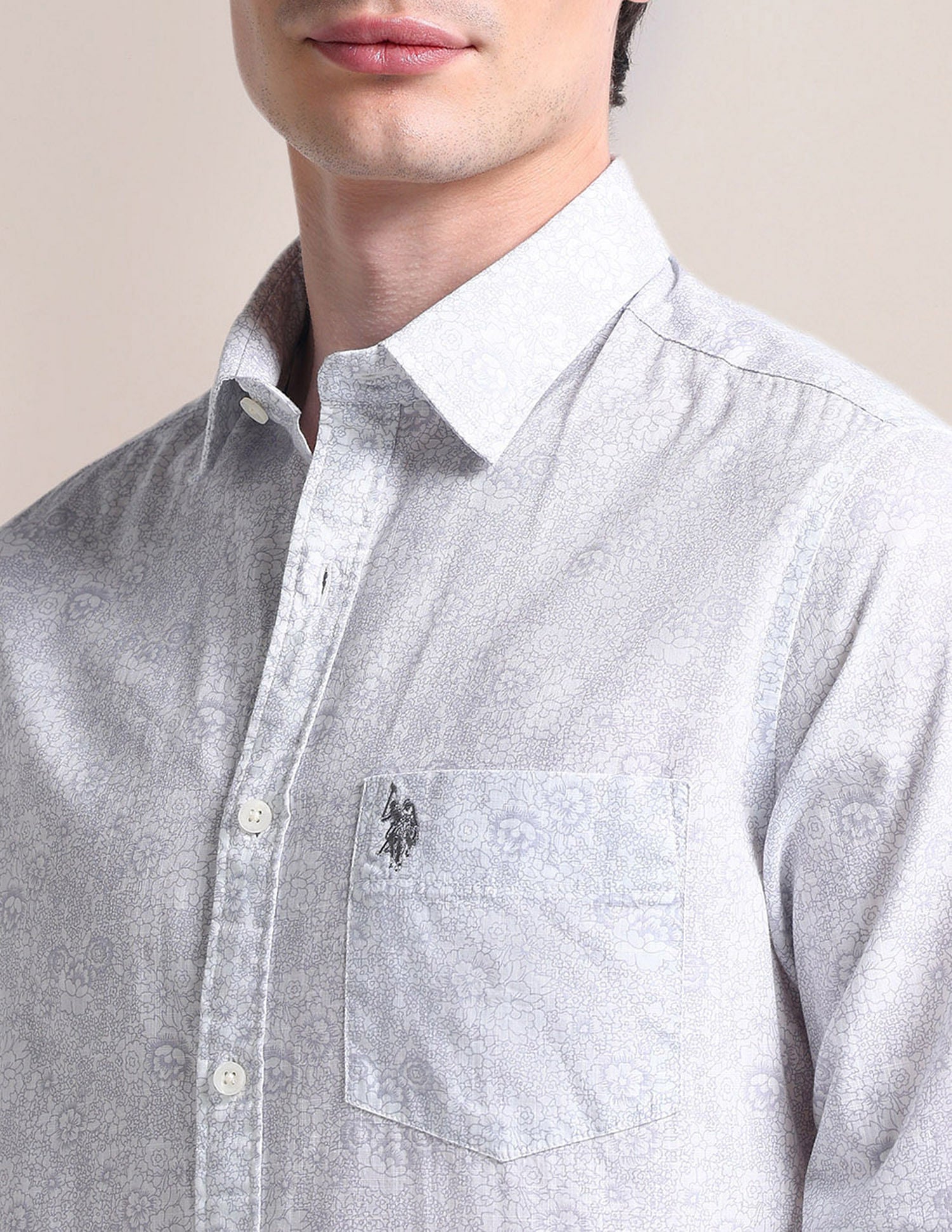 Cutaway Collar Floral Cotton Shirt Grey - U.S. Polo Assn. India | Large