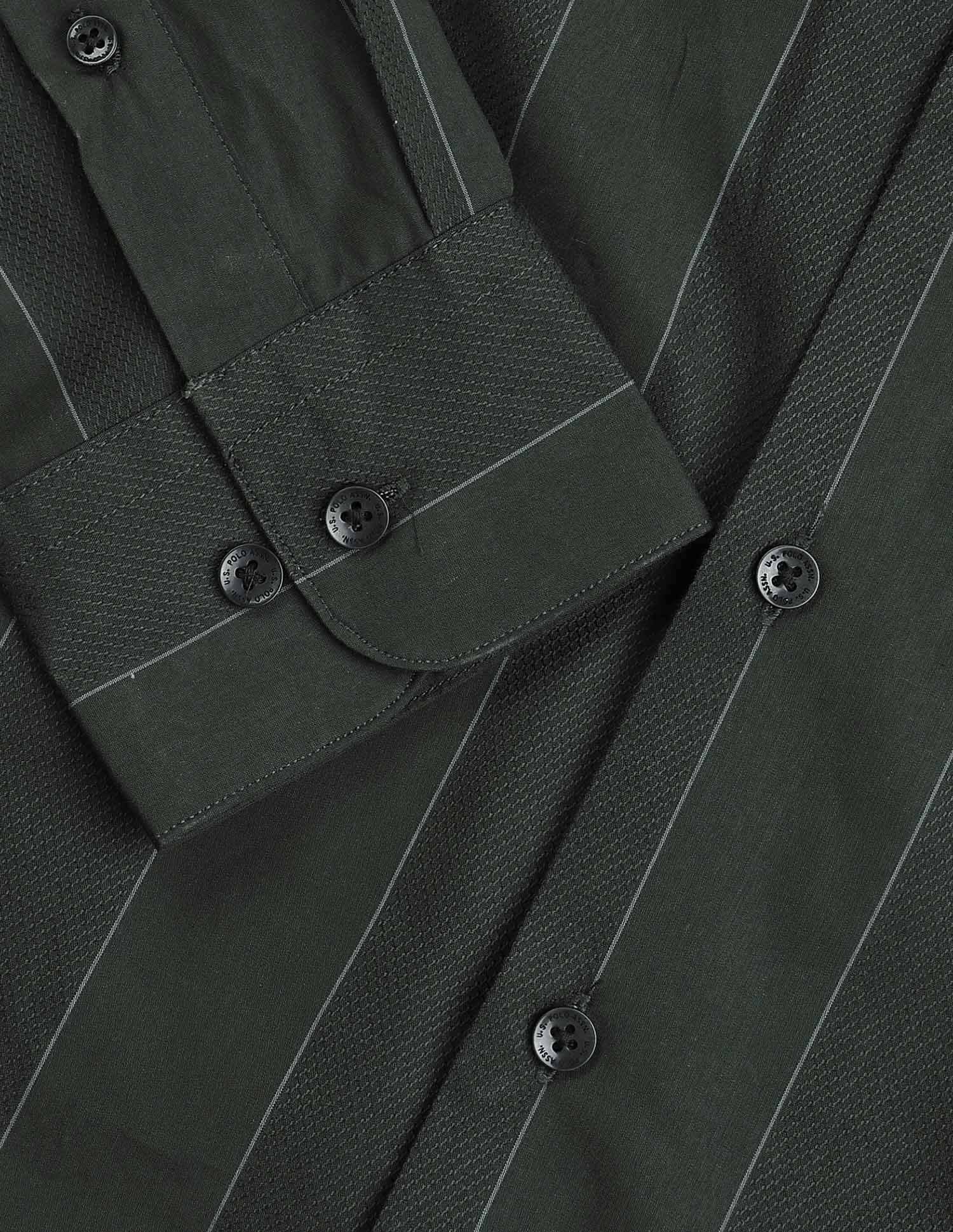 Vertical Striped Pure Cotton Shirt Olive - U.S. Polo Assn. India | Large