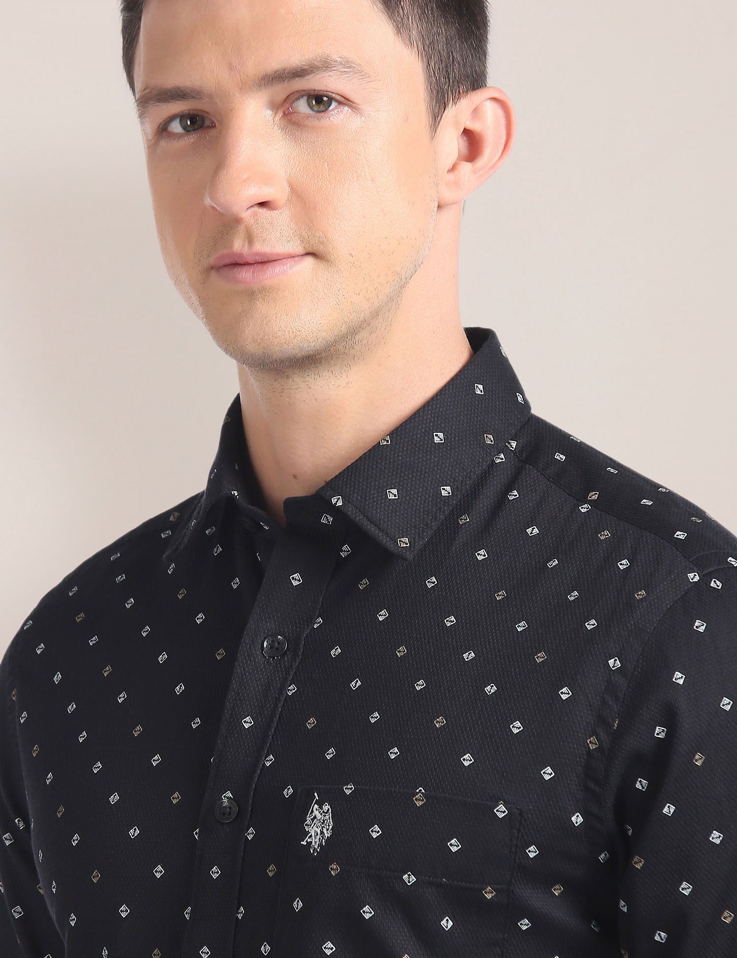 Geometric Print Dobby Shirt Black - U.S. POLO ASSN. | Large
