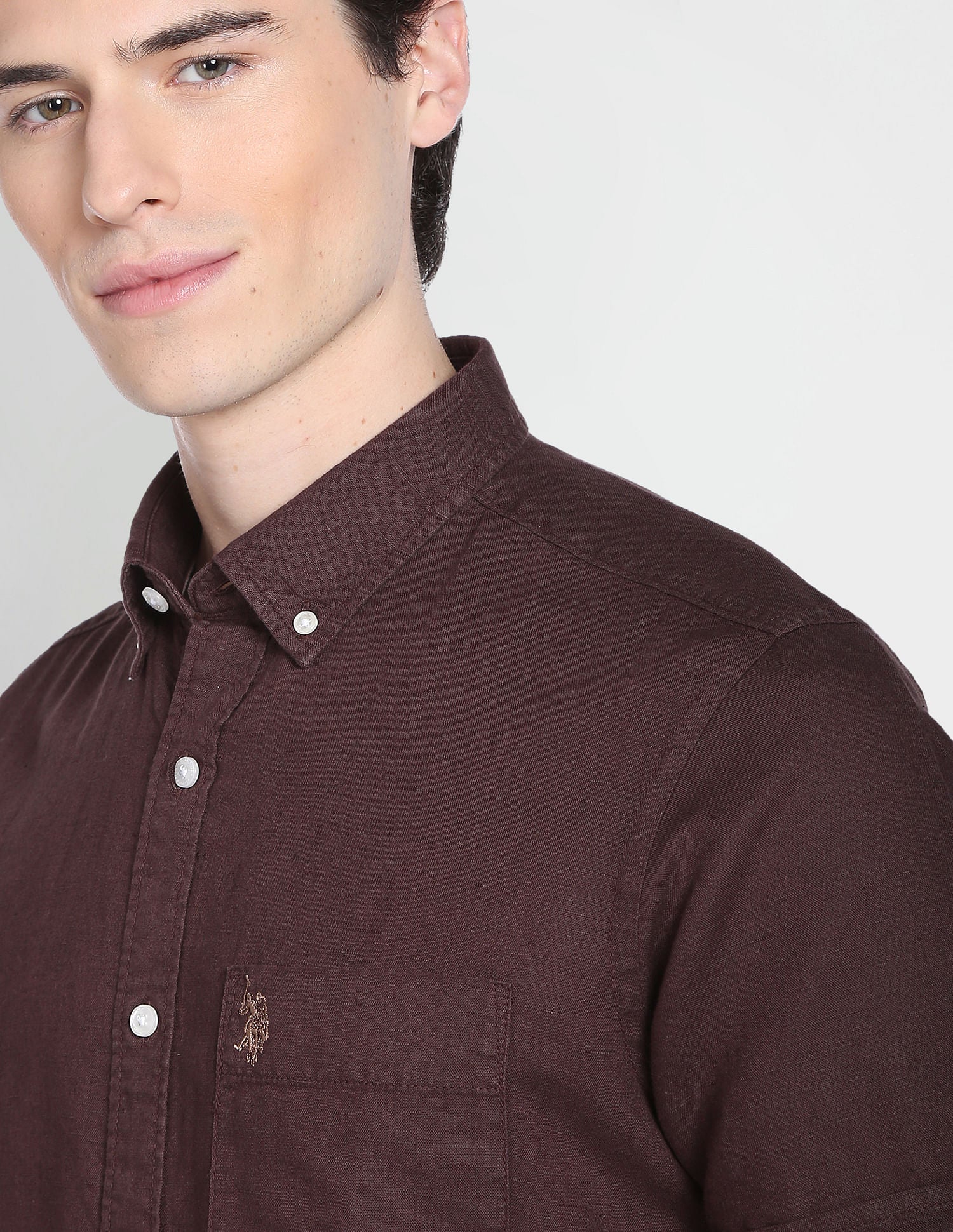 Button Down Collar Overdyed Solid Shirt Dark Brown - U.S. Polo Assn. India | Large