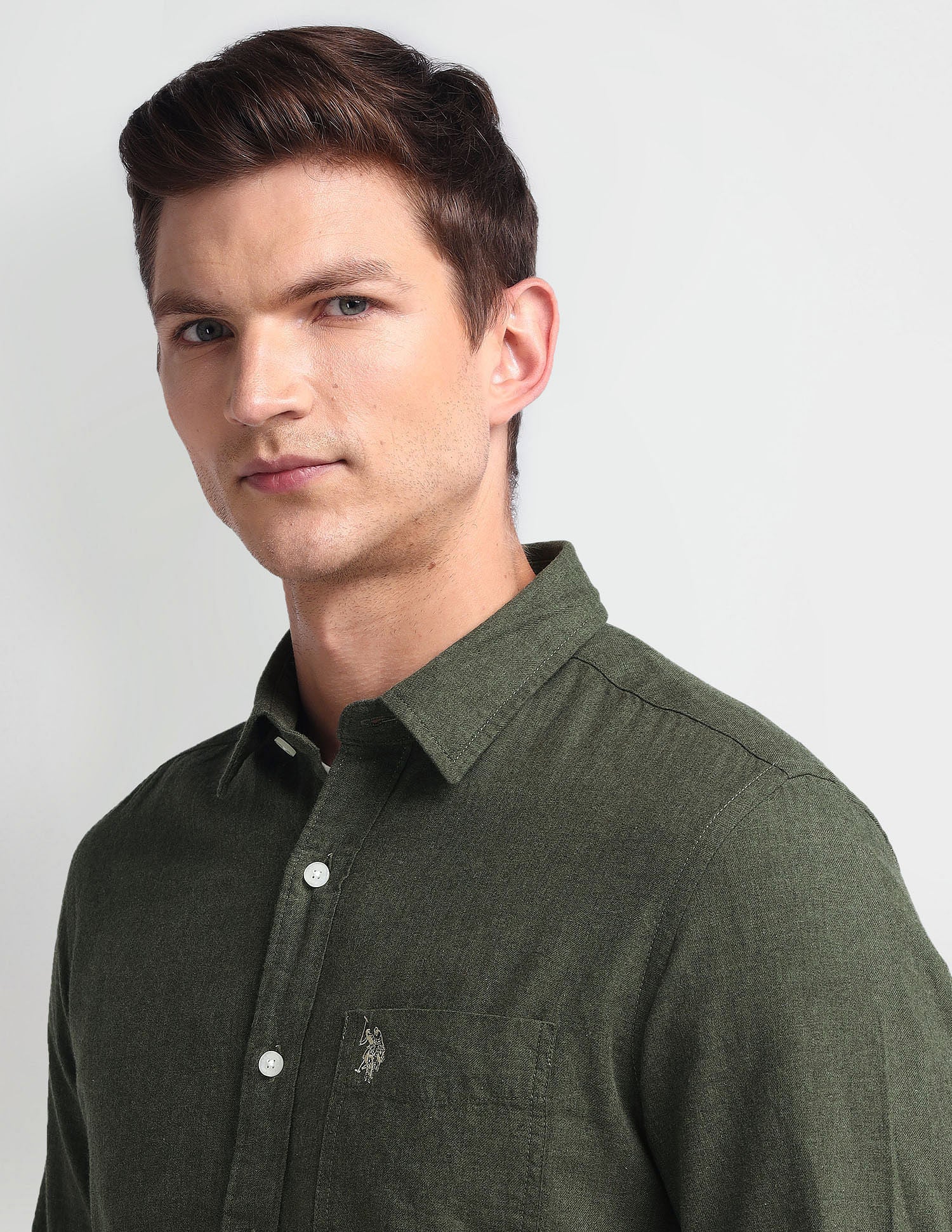 Semi Cutaway Collar Slim Fit Shirt Olive - U.S. Polo Assn. India | Large