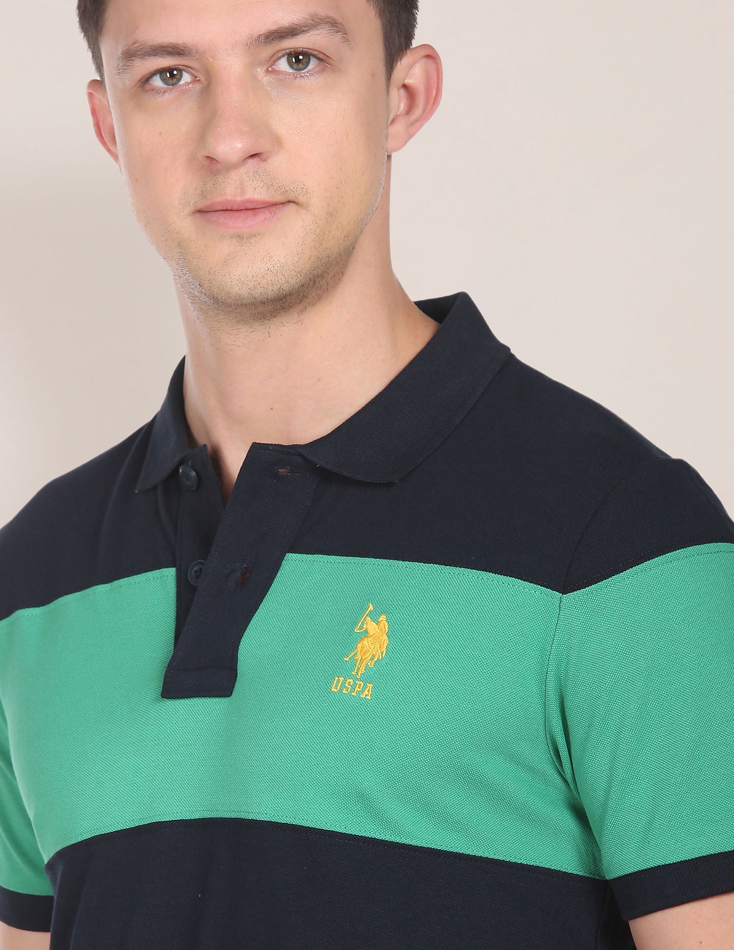 Colour Block Cotton Polo Shirt Navy and Green - U.S. Polo Assn. India | Large