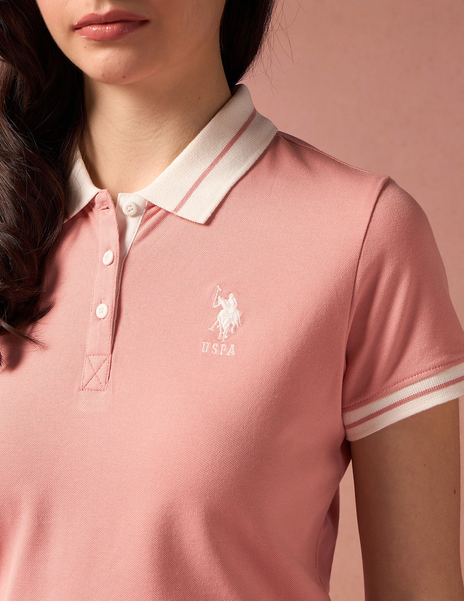 Contrast Striped Collar Solid Polo Shirt Peach - U.S. POLO ASSN. | Large