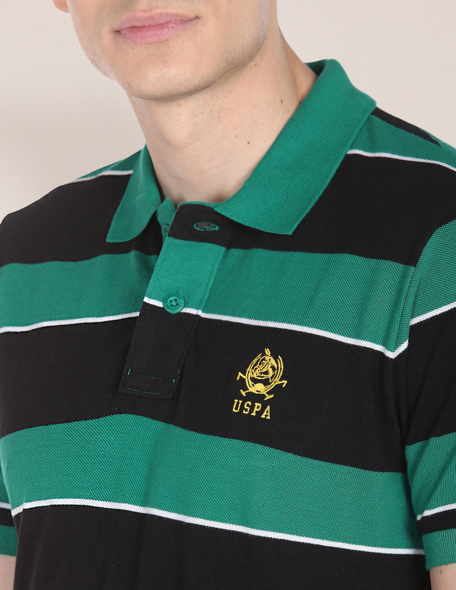 Horizontal Stripe Pique Knit Cotton Polo Shirt Green - U.S. Polo Assn. India | Large